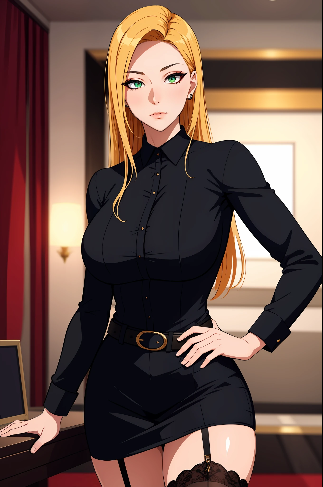 (tmasterpiece,A high resolution,best qualtiy:1.2),8K,highly detailed,复杂,rich colourful,vibrant image,Clear focus,cinematic ligh) blond hairbl,long whitr hair,Green eyes,body builder (Wear black business attire,black_Collared shirt cropped jacket,tiese,tiese,Black frilled skirt,a garter belt,Leather belt) (Large, Perfect round breasts,Hourglass body,Big breasts Thin waist,Very thin waist, photograph realistic,(hyper realisitc:1)big breasts beautiful, tmasterpiece,Best quality at best,extremelydetailedface,s the perfect face,beauitful face,Perfect lighting,Detailed eye makeup,Details of the face,Nice detail eyes,pretty hand,perfect hand,glowing light eyes(realistic pupil,Realistic iris:1)Heavy eye makeup,(empty Casino)(Posing dynamically)pantiess