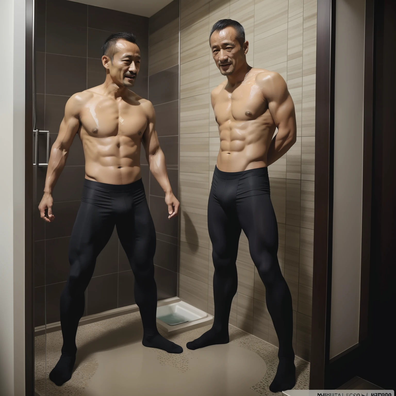 50yearsold，Hidetoshi Nakata，（Demo Mulroni 1.3），Shirtless，Tong，Bulge，office room，black long socks，Thin，musculature，lbeard，fortitude，artwork of a，tmasterpiece，k hd，big laughter，wearing a tights。taking a shower