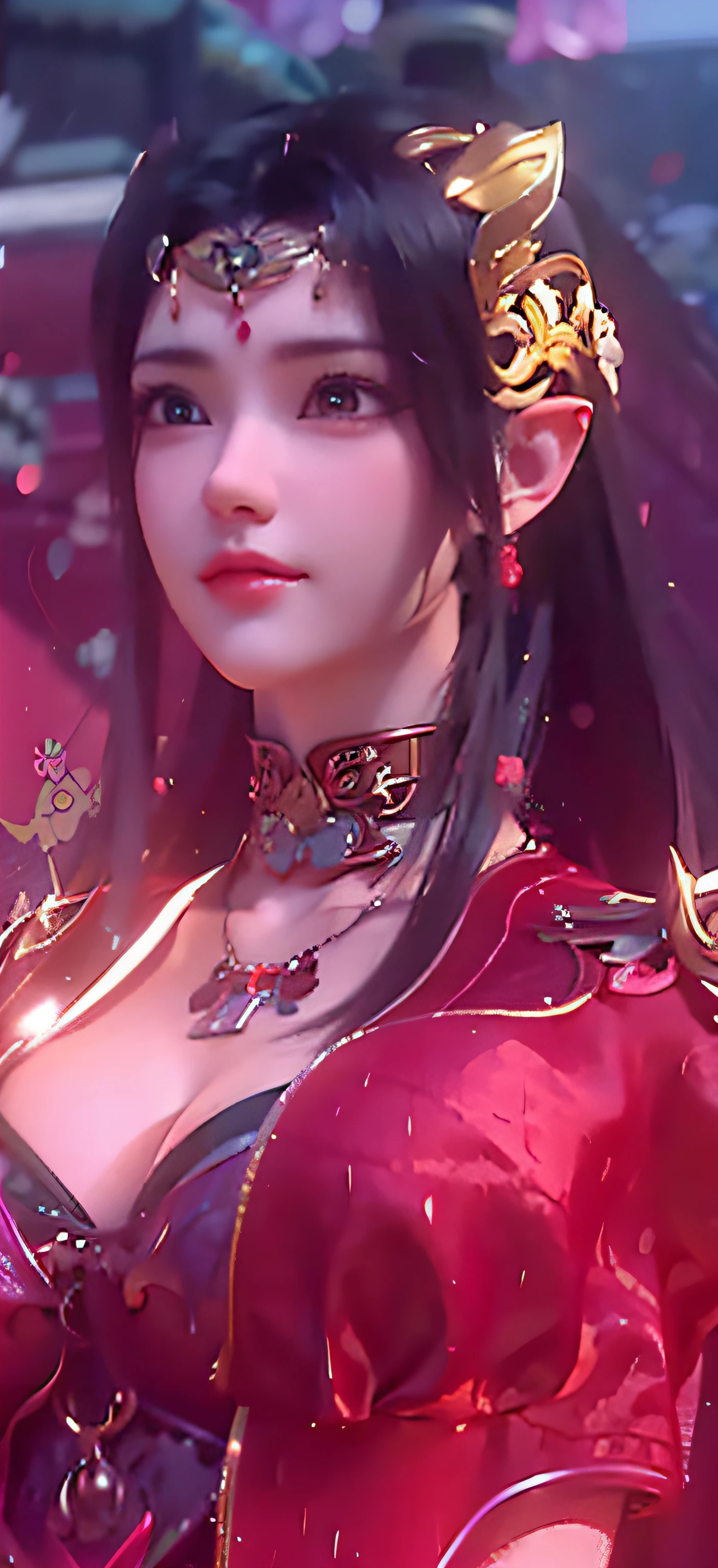 Close-up of a woman in a red dress and gold jewelry, ((elvish ears)),Royal Sister,Superb beauty,Queen Medusa,Beautiful and elegant queen, portrait of a queen, Xianxia, a beautiful fantasy empress, xianxia fantasy, Beautiful young wind spirit, inspired by Li Mei-shu, ((a beautiful fantasy empress)), zhao yun, xianxia hero, 3 d anime realistic, full-body xianxia, Smooth anime CG art