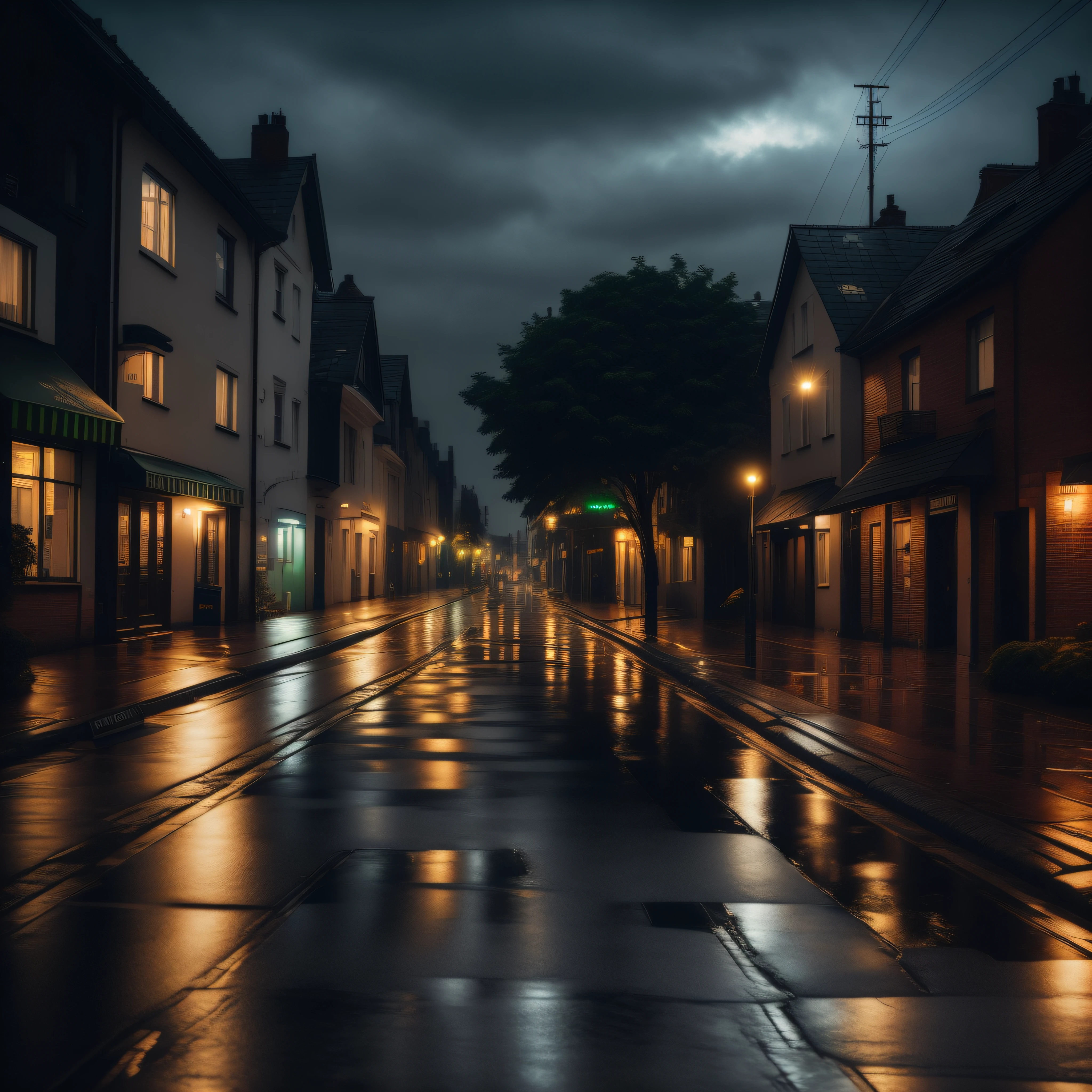 there is a wet street with a few buildings and lights, rainy night city street, rainy evening, rainy street, moody night time scene, rainy night, dark street, night street, street at night, dark neighborhood, overlooking a dark street, on a street at night, wet street, rainy urban streets, rainy streets in the background, rainy city at night, street night, green trees