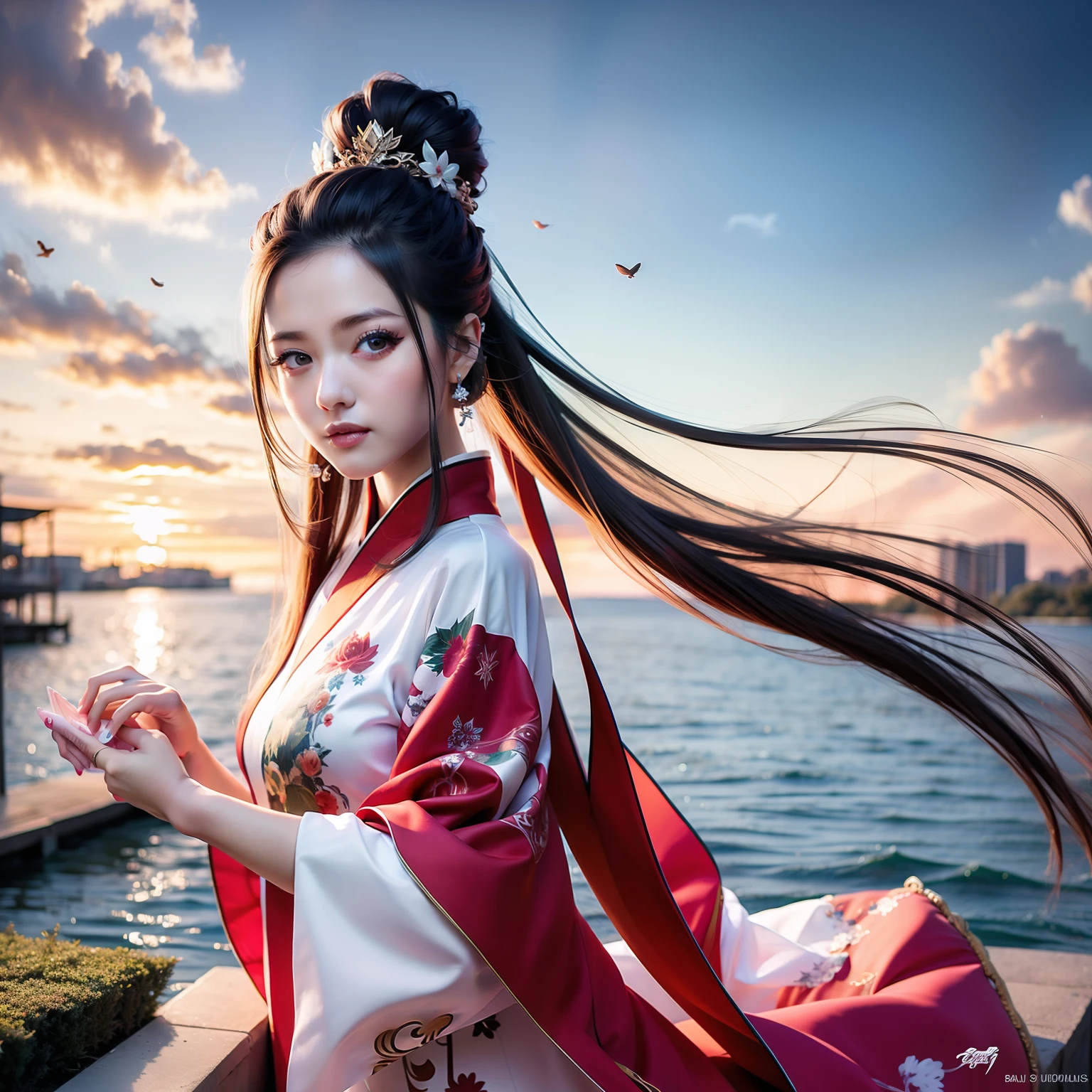 1girl, bamboo, nature, solo, forest, dress, bamboo forest, chinese clothes, black hair, water, hair bun, wic sleeves, outdoors, green dress, long sleeves, long hair bird, hanfu,(best quality, masterpiece:1 .2),realistic,raw photo,ultra high res,portrait,8k wallpaper,perfect artwork,nice hands perfect hands,