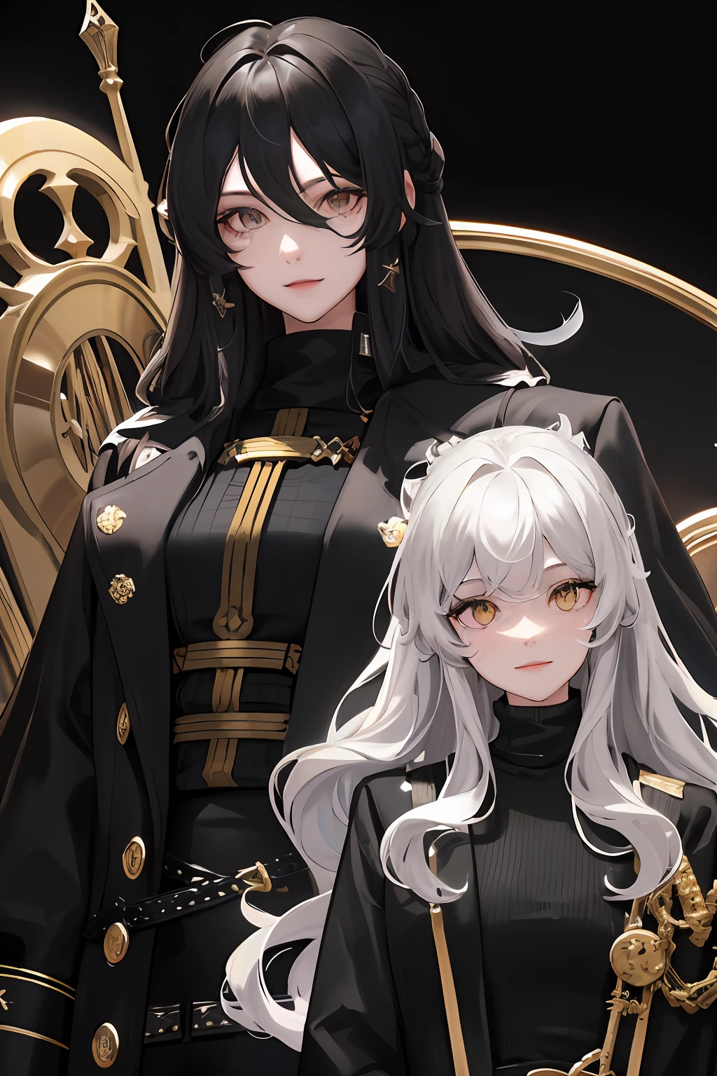 1woman and 1man, ((two people)), long wavy hair, swept bangs, golden eyes, fake smile, unnerving smile, black turtleneck, pirate coat, dark sky, pretty eyes