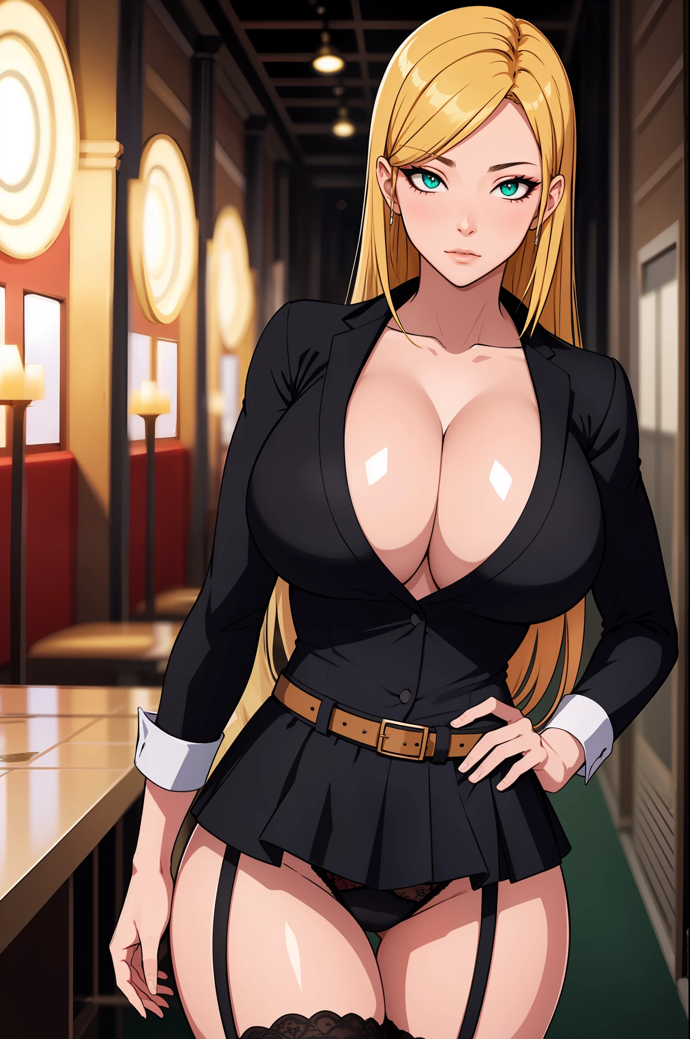 (tmasterpiece,A high resolution,best qualtiy:1.2),8K,highly detailed,复杂,rich colourful,vibrant image,Clear focus,cinematic ligh) blond hairbl,long whitr hair,Green eyes,body builder (Wear black business attire,black_Collared shirt cropped jacket,tiese,tiese,Black frilled skirt,a garter belt,Leather belt) (Large, Perfect round breasts,Hourglass body,Big breasts Thin waist,Very thin waist, photograph realistic,(hyper realisitc:1)big breasts beautiful, tmasterpiece,Best quality at best,extremelydetailedface,s the perfect face,beauitful face,Perfect lighting,Detailed eye makeup,Details of the face,Nice detail eyes,pretty hand,perfect hand,glowing light eyes(realistic pupil,Realistic iris:1)Heavy eye makeup,(empty Casino)(Posing dynamically)Panties, underwear, Suspenders