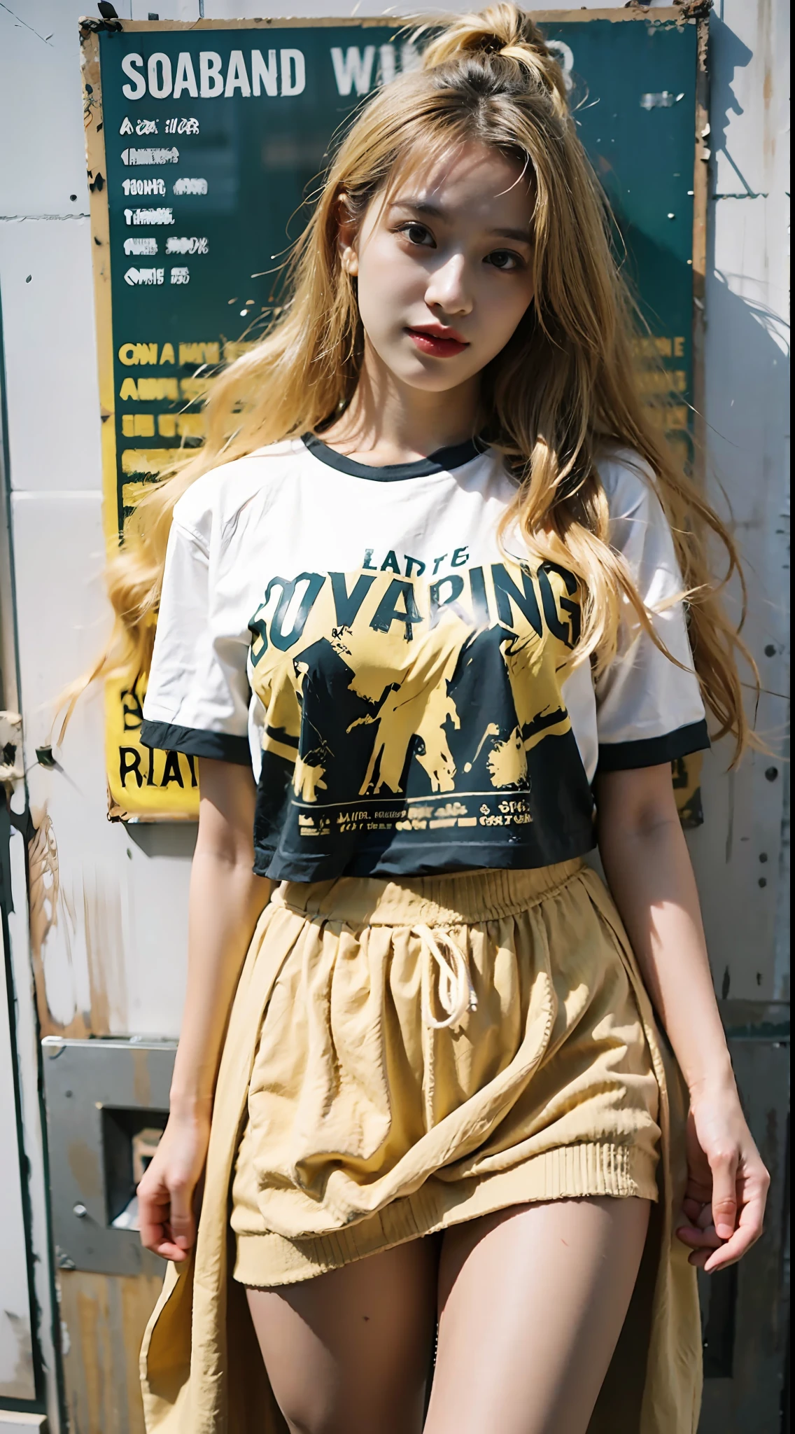 She has long light yellow hair,Wasteland punk style,Wear a yellow and white striped T-shirt,Lace skirt,Long legs,Black-gray tones,Shabby poster wall with background,tmasterpiece,Need,photorealestic,k hd,photography lighting,16k
