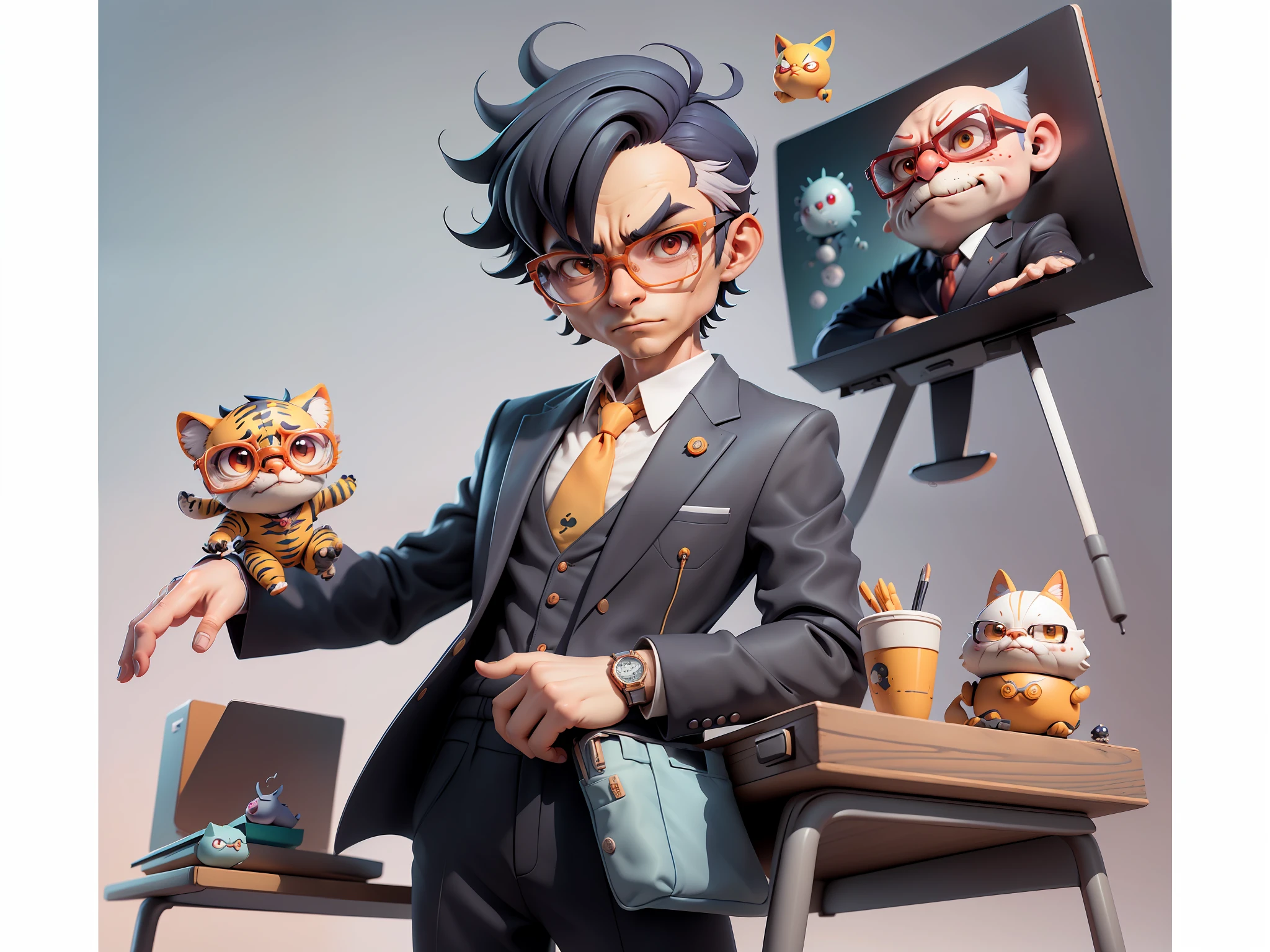 A young man in a suit, Short hair and glasses sat at his desk,holding laptop,digitial painting,tigre,3D character design by Mark Clairen and Pixar and Hayao Miyazaki and Akira Toriyama,4K HD illustration,Very detailed facial features and cartoon-style visuals。