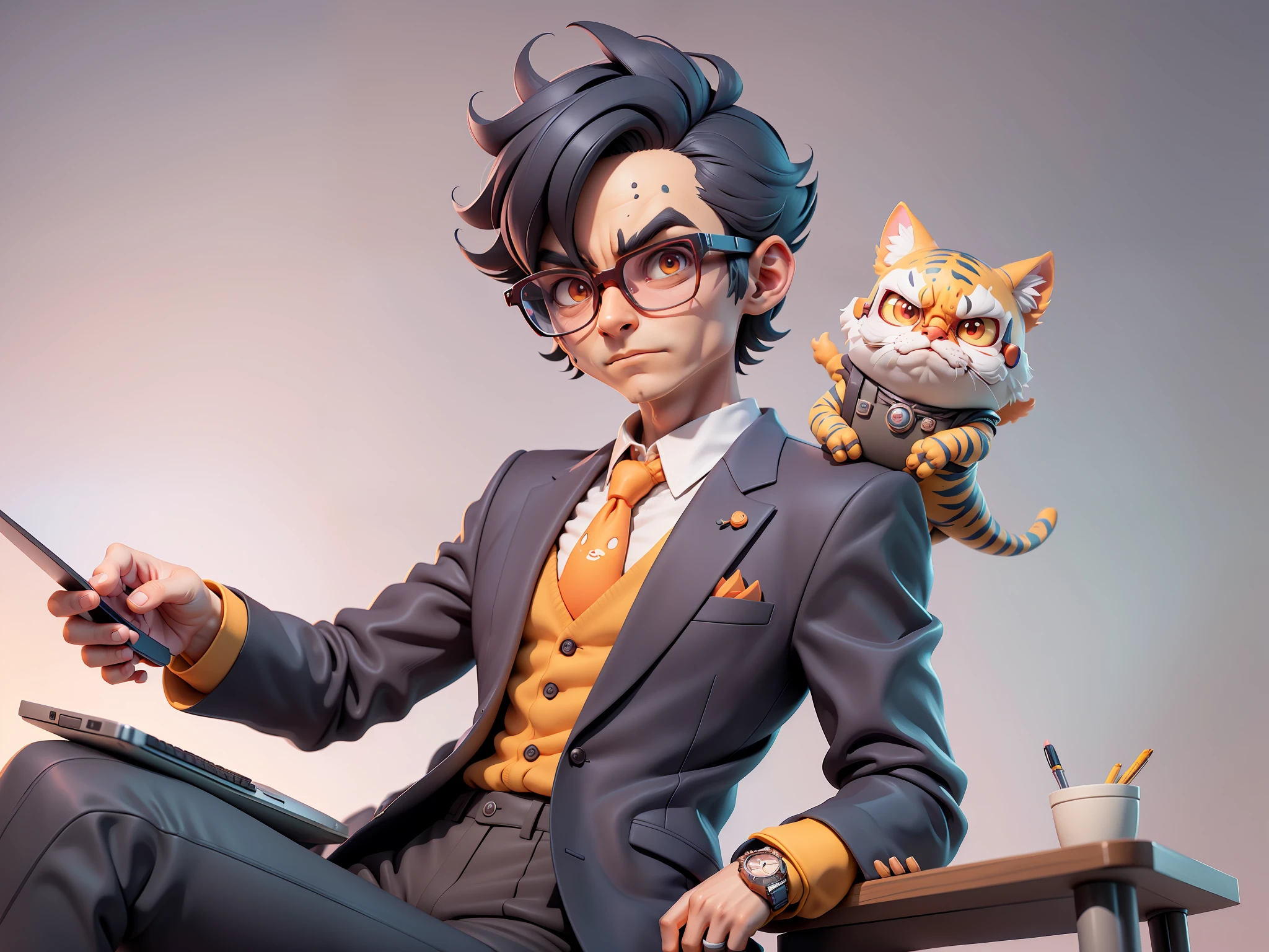 A young man in a suit, Short hair and glasses sat at his desk,holding laptop,digitial painting,tigre,3D character design by Mark Clairen and Pixar and Hayao Miyazaki and Akira Toriyama,4K HD illustration,Very detailed facial features and cartoon-style visuals。