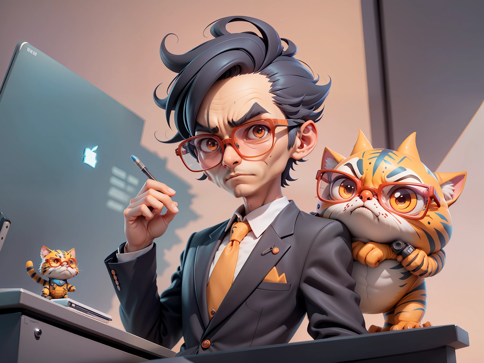 A young man in a suit, Short hair and glasses sat at his desk，holding laptop，digitial painting，tigre，3D character design by Mark Clairen and Pixar and Hayao Miyazaki and Akira Toriyama，4K HD illustration，Very detailed facial features and cartoon-style visuals。