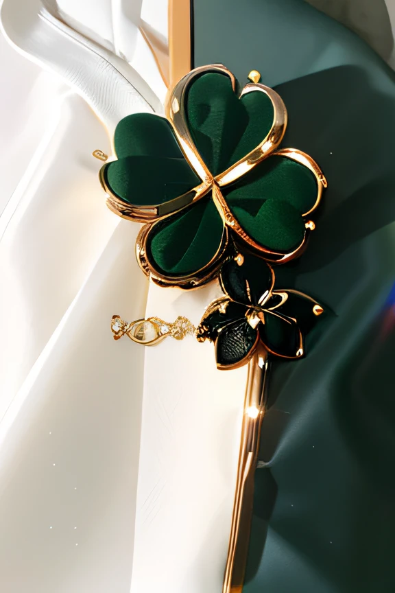 On a white plate is a green and black clover brooch, four-leaf clover, van cleef & arpels style, 2 0 2 0, 2020, 2021, 2 0 2 1, 2 0 2 0 fashion, trick, 2 0 2 2, Middle Metaverse, 2022, Clover
