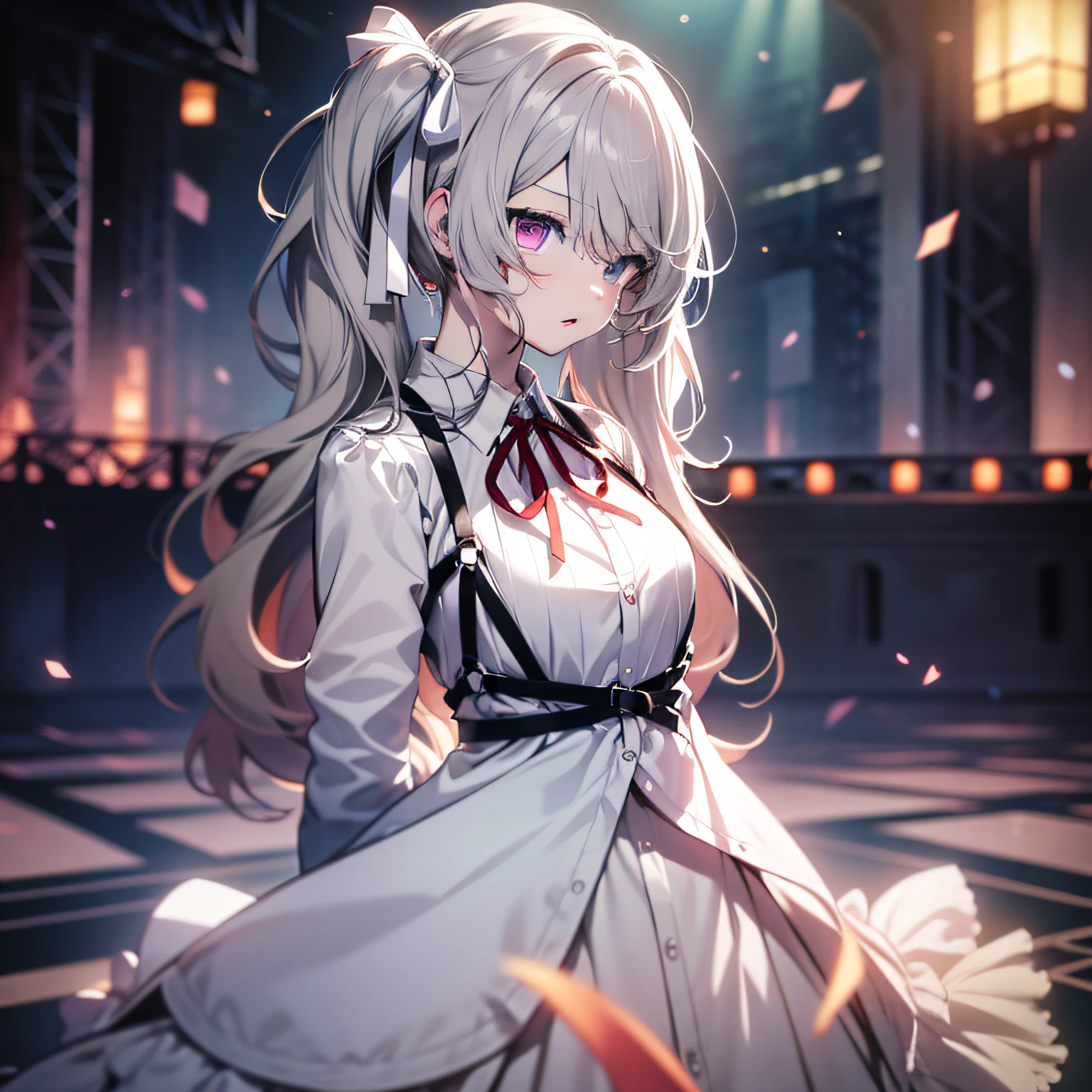 nigomiku, masterpiece, best quality, ultra-detailed, illustration, an extremely delicate and beautiful, 1girl, solo, cowboy_shot, expressionless, parted_lips,dark stage, heterochromia, aqua eyes, pink eyes