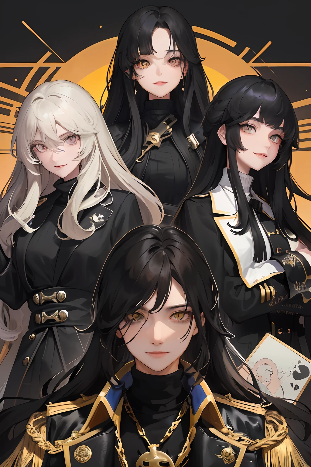 2women and 1man, ((three people)), long wavy hair, swept bangs, golden eyes, fake smile, unnerving smile, black turtleneck, pirate coat, dark sky, pretty eyes