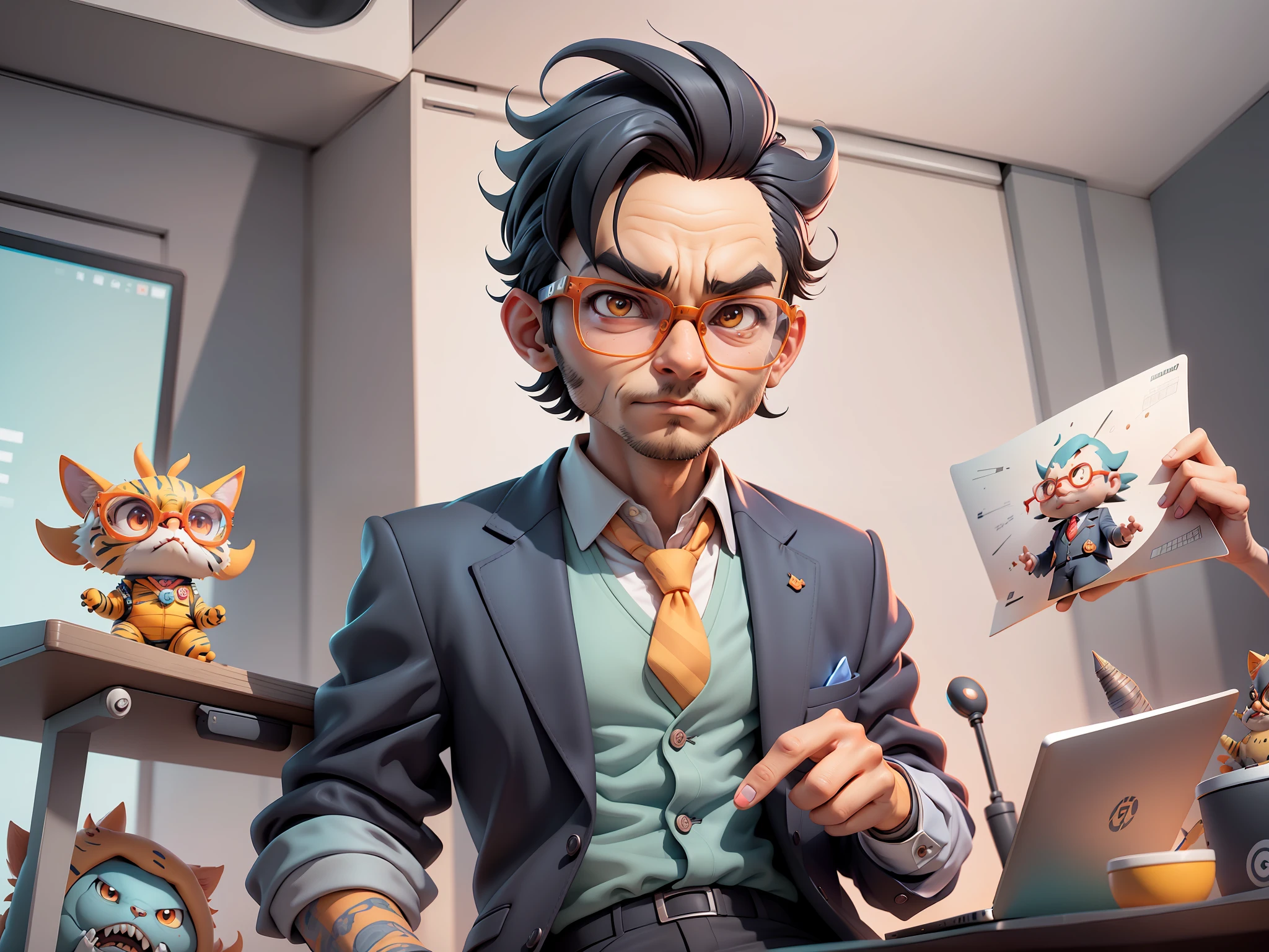 A young man in a suit, Short hair and glasses sat at his desk，holding laptop，digitial painting，tigre，3D character design by Mark Clairen and Pixar and Hayao Miyazaki and Akira Toriyama，4K HD illustration，Very detailed facial features and cartoon-style visuals。