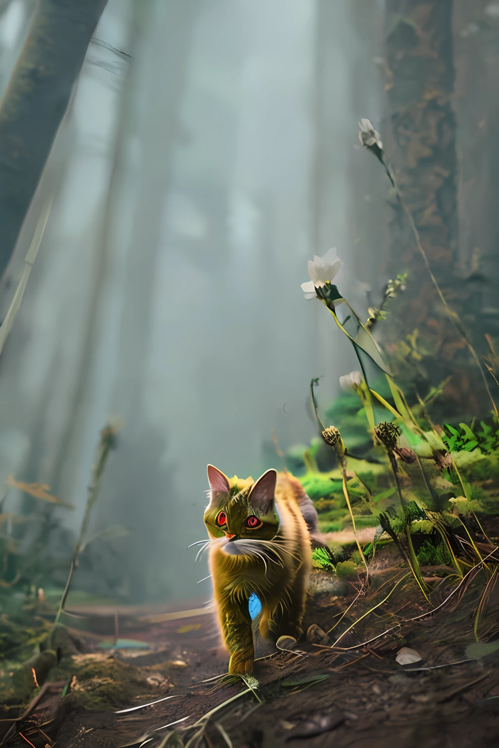 Classic negative portrait photo,Fantasy video game character concept art,A cute fluffy colorful cat,A white daisy on the head,Hike through the forest,dungeons and dragons,fantasy,rios,haze,Halo,blooms,Dramatic atmosphere,Dark fantasy films of the 1970s,at centre,the rule of thirds,high qulity,hyper qualit