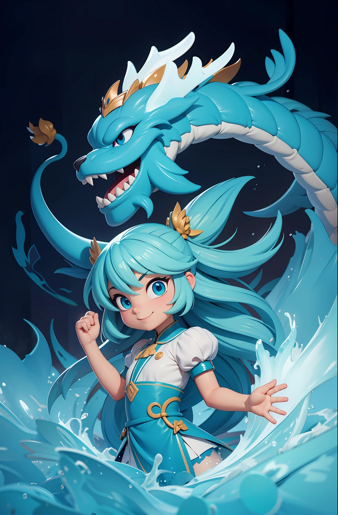 （（（A Chinese dragon））），cyan colors|white colors，（（A cute little girl）），baiyun，cartoonish style，（（Complicated details）），hdr，（（Complicated details，ultra - detailed）），Epic composition，Realistic lighting，high definition detail，tmasterpiece，Best quality，（非常详细的 CG 统一 8k 壁纸），Medium perspective