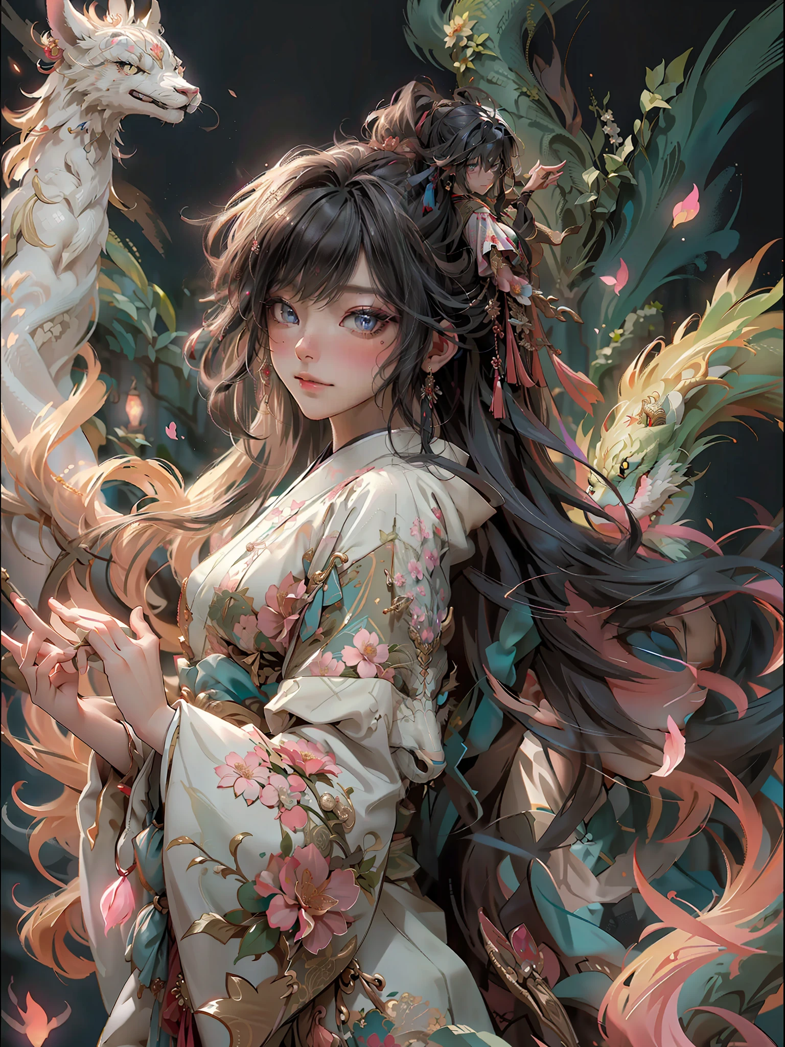 (RAW photos,best qualtiy),(realisticlying,photograph realistic:1.3),Extremely refined and beautiful,astounding,finedetail,tmasterpiece,hyper-detailing,A high resolution,(Most Best Illustration),(best shadow),iintricate,(In a crimson gold Chinese dragon,There is gold dust around,Black flowers,the trees,petals,ventania,Oh, God,Long wavy body,fang,fanciful,mito,high high quality,highly detailed,tmasterpiece,epic,particle effect,Dynamic effects,(drak:1.4)Front),Clouds,firestorm,mountain ranges,the sunset,sharp fokus, volume fog, 8K UHD, digital SLR camera, high qulity, (filmgrain:1.4), 富士XT3,offcial art, Unity8k wallpapers, ultra - detailed, Beautiful and beautiful, best qualityer, (Zen entanglement, tangled, entangled), (s fractal art: 1.4), 1girll, brunette color hair, chino, Splendid robes, The is very detailed, dynamic angle, (The most beautiful chaotic shape), flowing, (Bright colors), OC, (halfway: 1.2), Chinese big breasts, (tape: 1.3), (dream: 1.5), (Hanfu: 1.5), chinesedragon,(ssmile: 0.5), (Chinese God), realisticlying, 超A high resolution, 复杂, hyper-detailing, (dent in the skin), femele, (Detailed face: 1.1), (contoured iris), (Watercolor lenses), (perfect eyes), 4k, opulent, (tmasterpiece: 1.2), (best qualtiy:1.2),