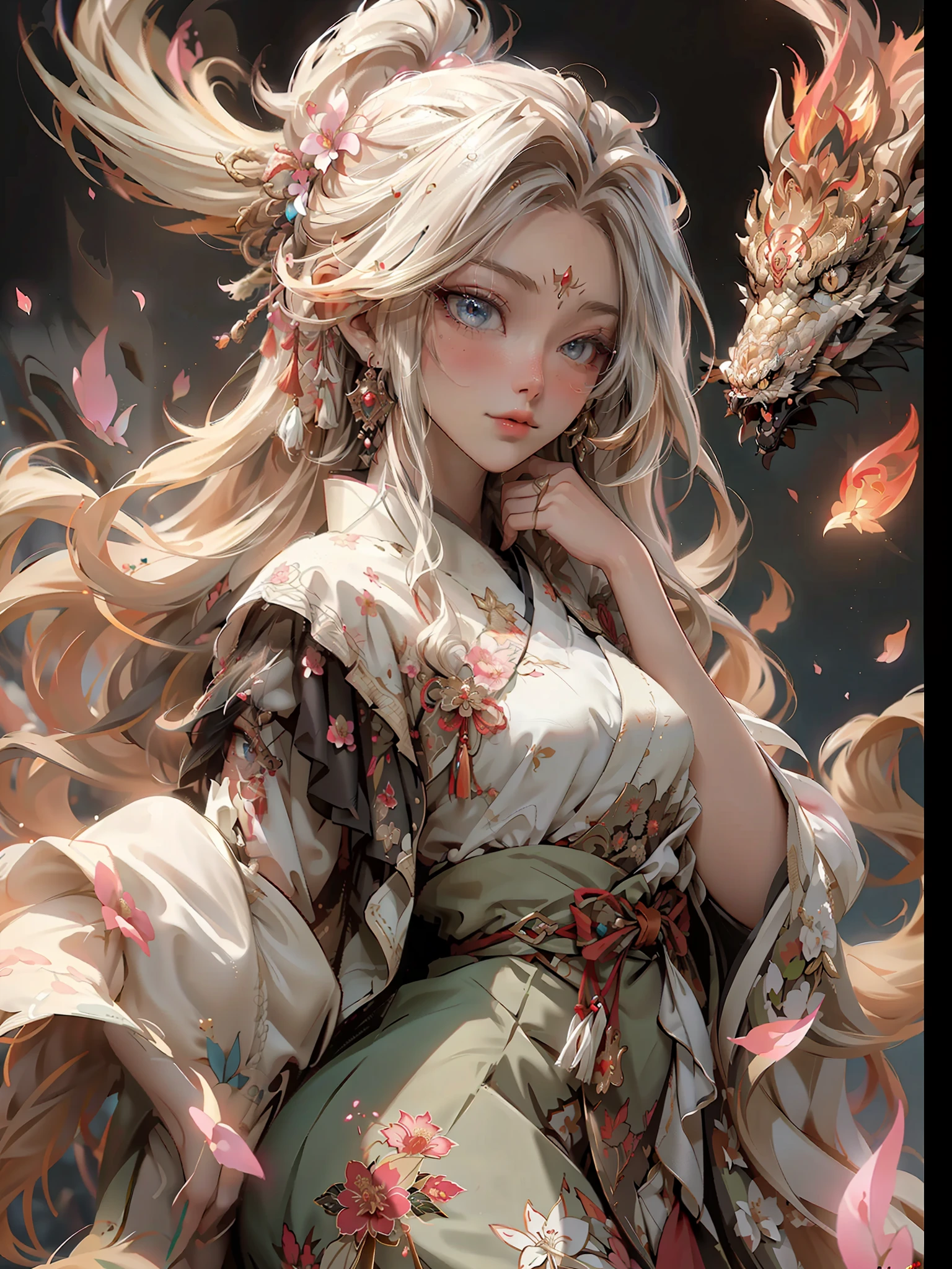 (RAW photos,best qualtiy),(realisticlying,photograph realistic:1.3),Extremely refined and beautiful,astounding,finedetail,tmasterpiece,hyper-detailing,A high resolution,(Most Best Illustration),(best shadow),iintricate,(In a crimson gold Chinese dragon,There is gold dust around,Black flowers,the trees,petals,ventania,Oh, God,Long wavy body,fang,fanciful,mito,high high quality,highly detailed,tmasterpiece,epic,particle effect,Dynamic effects,(drak:1.4)Front),Clouds,firestorm,mountain ranges,the sunset,sharp fokus, volume fog, 8K UHD, digital SLR camera, high qulity, (filmgrain:1.4), 富士XT3,offcial art, Unity8k wallpapers, ultra - detailed, Beautiful and beautiful, best qualityer, (Zen entanglement, tangled, entangled), (s fractal art: 1.4), 1girll, brunette color hair, chino, Splendid robes, The is very detailed, dynamic angle, (The most beautiful chaotic shape), flowing, (Bright colors), OC, (halfway: 1.2), Chinese big breasts, (tape: 1.3), (dream: 1.5), (Hanfu: 1.5), chinesedragon,(ssmile: 0.5), (Chinese God), realisticlying, 超A high resolution, 复杂, hyper-detailing, (dent in the skin), femele, (Detailed face: 1.1), (contoured iris), (Watercolor lenses), (perfect eyes), 4k, opulent, (tmasterpiece: 1.2), (best qualtiy:1.2),