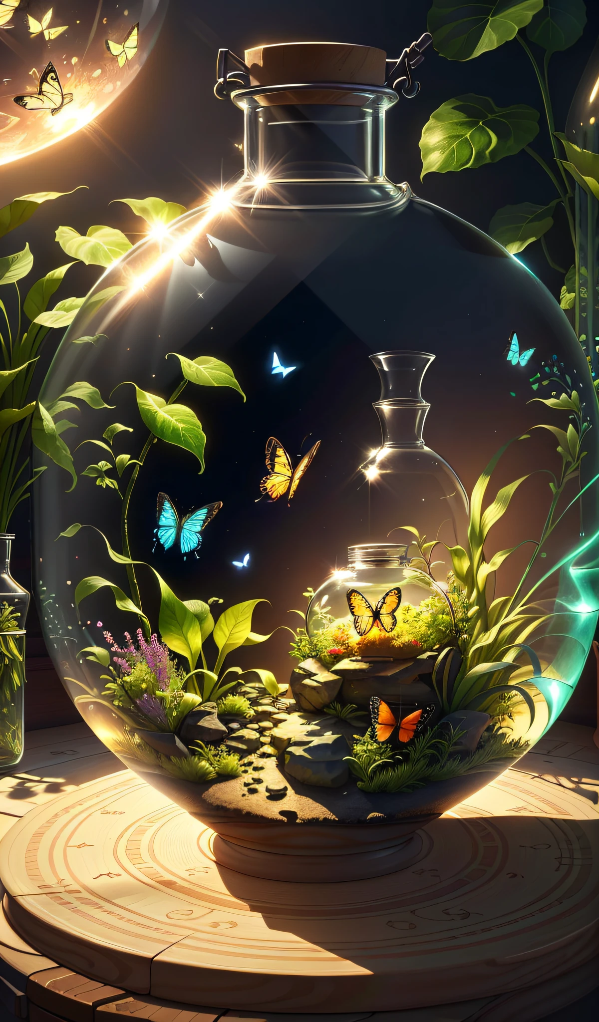 There is a glass jar，There is a fish inside, graphic of enchanted terrarium, butterfly in jar, 4k highly detailed digital art, full of glass. CGSesociety, 4K detailed digital art, Cute detailed digital art, 8K high quality detailed art, 8K stunning artwork, Detailed painting 4 K, Concept art wallpaper 4K, A beautiful artwork illustration