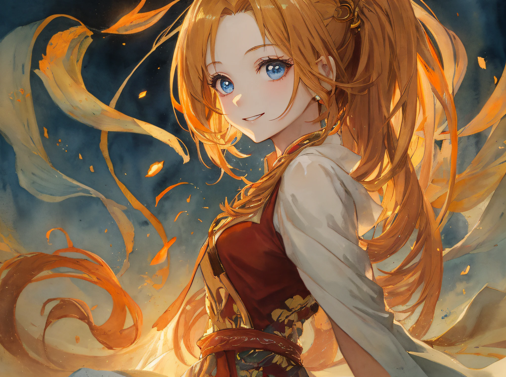 hyper detailed illustration ,superfine illustration, ((((​masterpiece)))), High quality, very_high_resolution, Large_filesize, fulcolor ,Very cute and beautiful girl,Very cute and beautiful anime face and eyes, Very delicate eyes,eye shadow,Female, 年轻,20 years old, poneyTail, Solo, 1 girl, pale skin ,head to waist, multicolored hair(Bright golden color　orange colors),Natural smile, small tits、Onepiece, arms behind back, watercolor paiting、Beautiful background,Fantastic background、morning glow