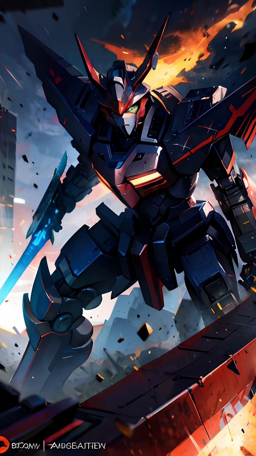 Sword in the rain robot close-up，Cool mech style，mecha art，anime mecha aesthetic，mecha asthetic，Armored core style mech，Armored Mecha Dragon，Detailed anime artwork，barbatos mobile suit，detailed anime art，advanced digital anime art，mecha anime，Mecha Inspiration，Barbatos Gundam。red color mecha，Red livery