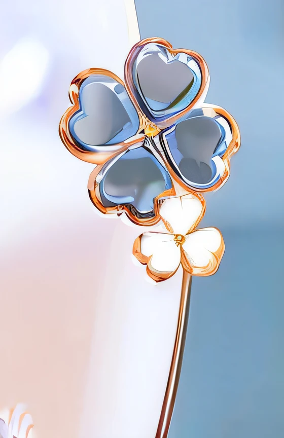 There is a four-leaf clover,It has a heart-shaped flower on it, van cleef & arpels style, van cleef & arpels, Middle metaverse, glass flowers, exquisite and smooth details, holding magic flowers, in style of chrome hearts, rose gold heart, four-leaf clover, Stylized, Glossy surface, very stylized