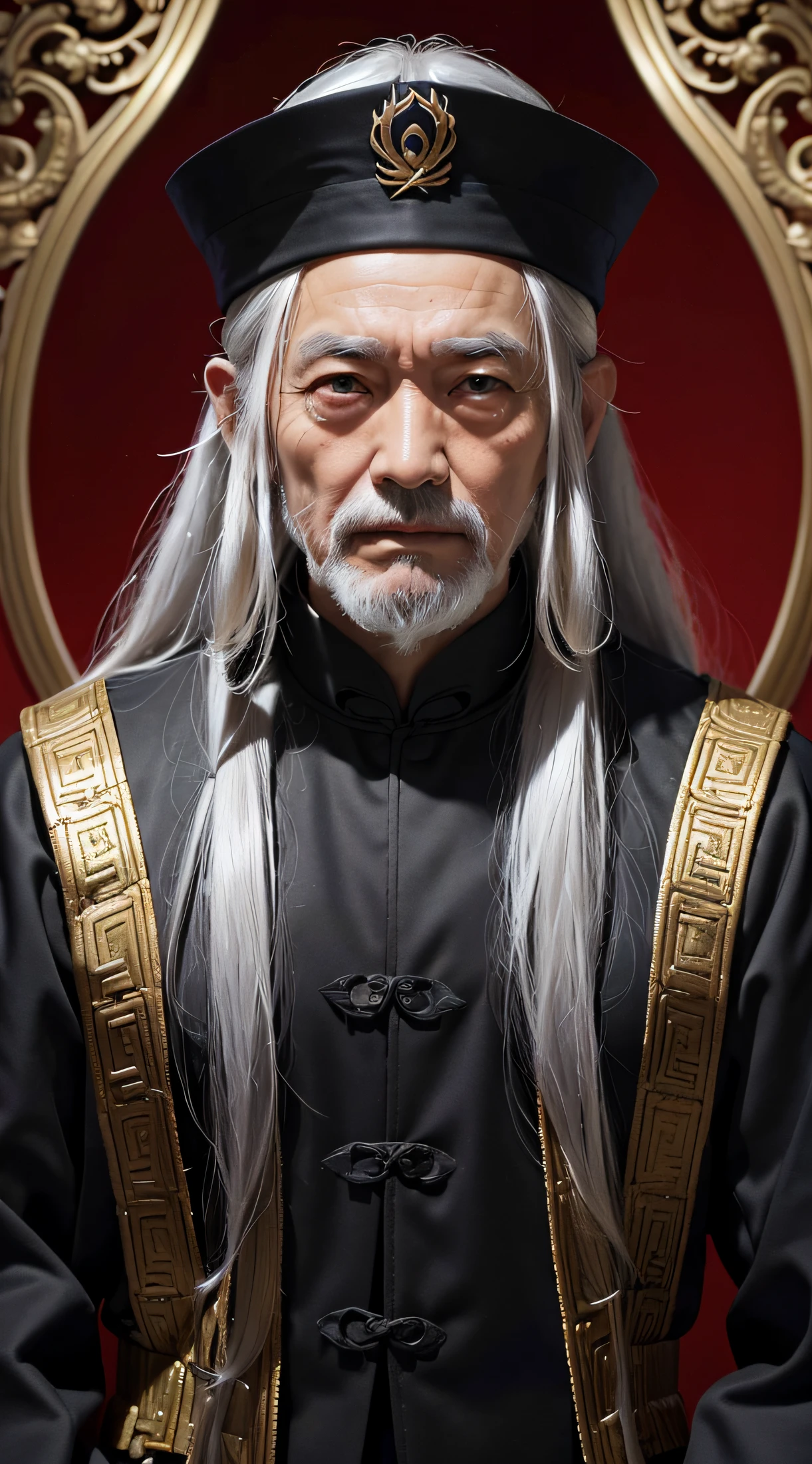 Surrealist portrait of an Asian old man,Fantasyart,photographrealistic,动态照明,art stations,poster for,Volumetriclighting,Very detailed faces,4 k'',Award-Awarded,,1boy,in the darkness nigth,deep shading,low tune,Photo of Taoist costume,(formal outfit:1.4),long whitr hair,whaite hair,White beard,a temple background,human hand。