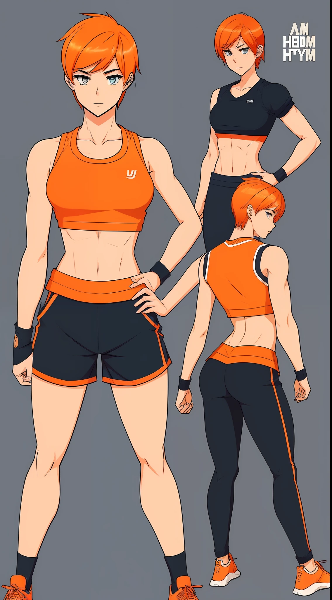 ((((Webtoon Style)))), ((((Character Description)))) girl in sportswear, short orange hair, Russian, full body, casual pose], [Ultra mega hyper ripped muscles]