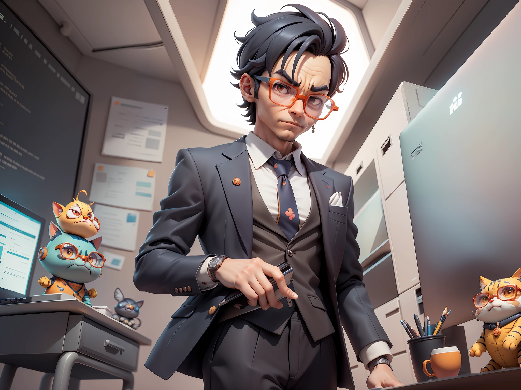 A young man in a suit, Short hair and glasses sat at his desk,holding laptop,digitial painting,tigre,3D character design by Mark Clairen and Pixar and Hayao Miyazaki and Akira Toriyama,4K HD illustration,Very detailed facial features and cartoon-style visuals。