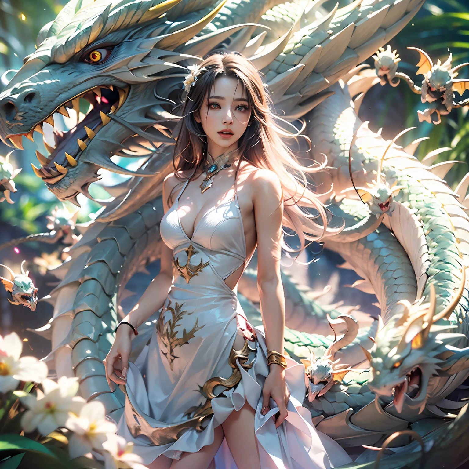 dragon_real,(extremely detailed CG unity 8k wallpaper,masterpiece, best quality, ultra-detailed, beautiful detailed eyes:1.2),best illumination, (best shadow, an extremely delicate and beautiful, bloom),the girl was surrounded by dragons, (1girl:1.4),breasts, solo,full body,Back tattoo,white dress,(color dragon:1.4),Bare leg,long dress,