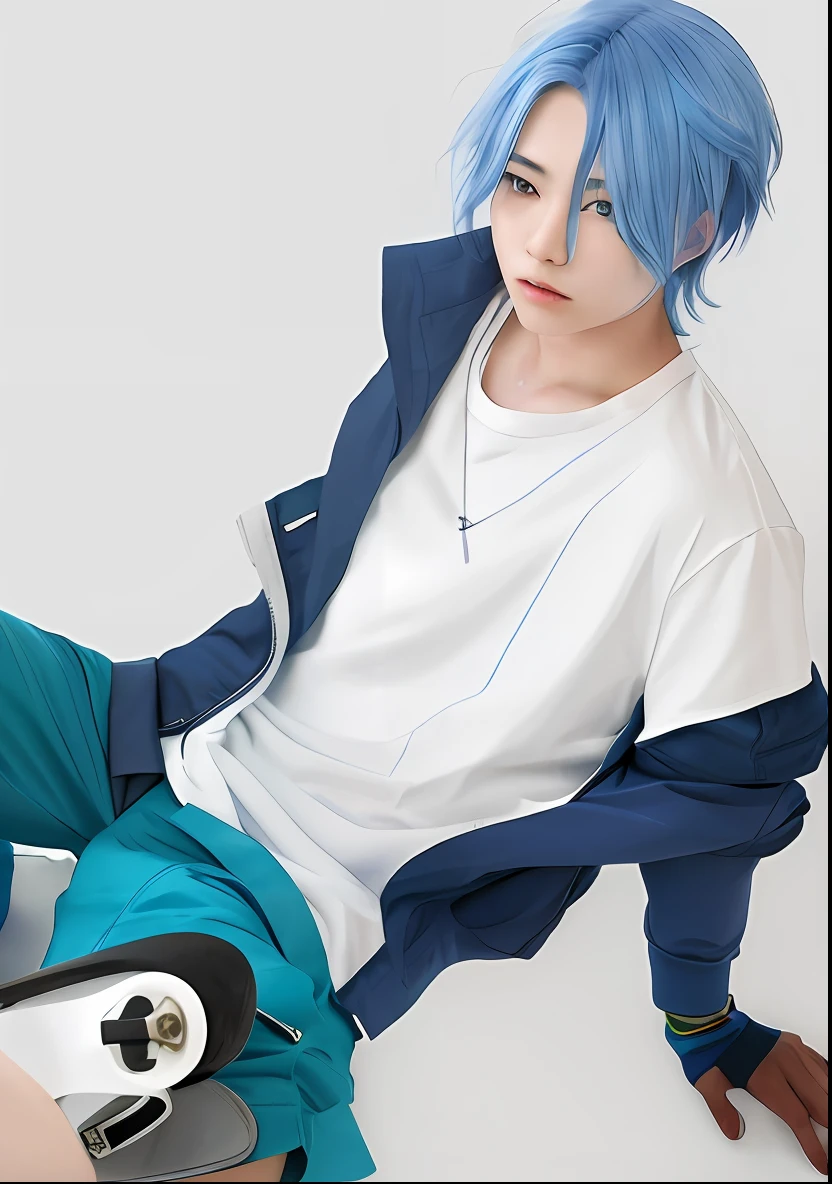1 boy with blue hair and with white shirt and blue jacket laying on a skateboard, plaster on the cheeks, male character, handsome pose, young man, langa hasegawa, ultra details, realistic