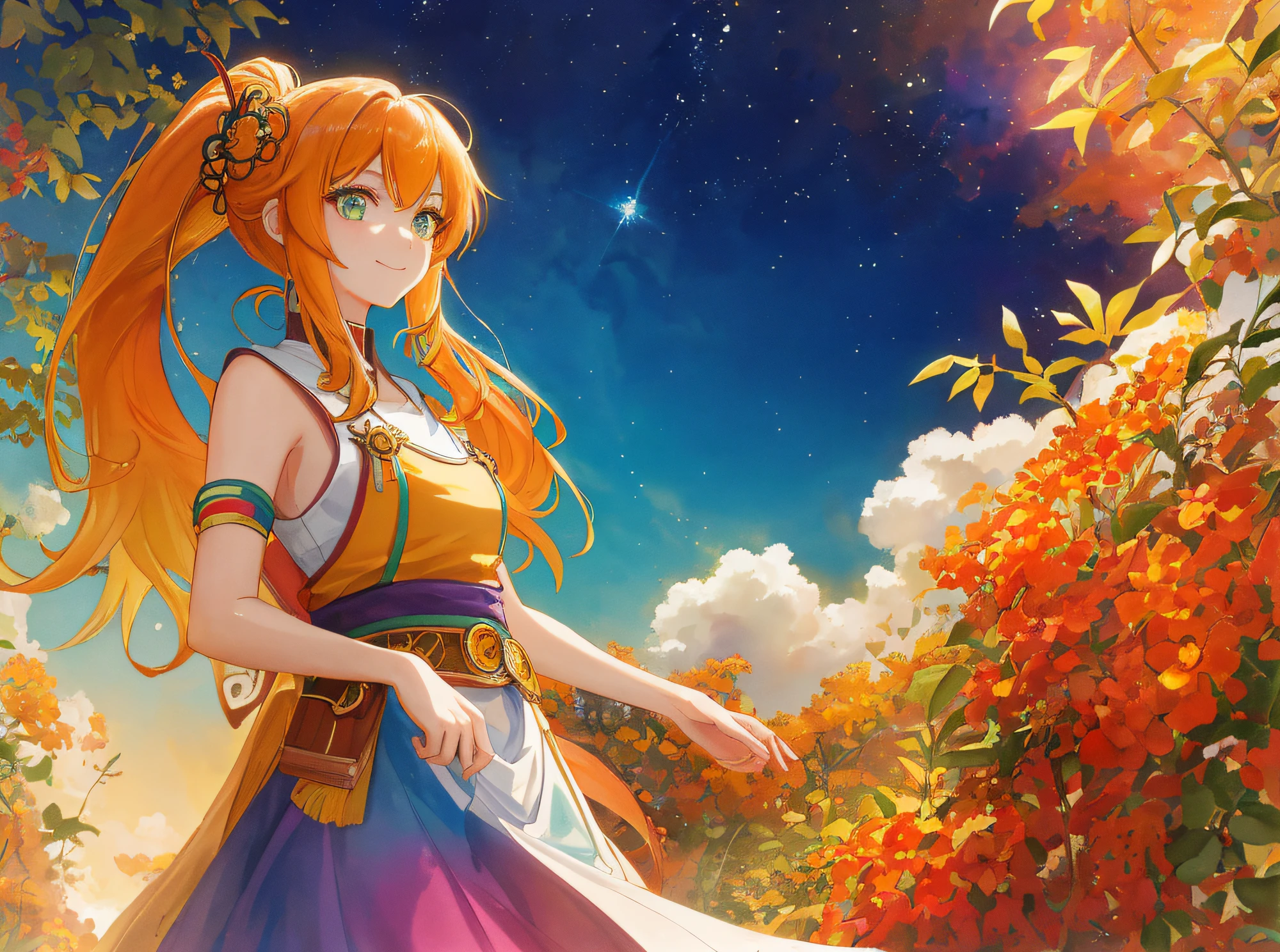 hyper detailed illustration ,superfine illustration, ((((masterpiece)))), High quality, very_high_resolution, Large_filesize, fulcolor ,Very cute and beautiful girl,Very cute and beautiful anime face and eyes, Very delicate eyes,eye shadow,Female, 年轻,20 years old, poneyTail, Solo, 1 girl, pale skin ,head to waist, multicolored hair(Bright golden color orange colors),Orange inner color、Natural smile, small tits、Onepiece, arms behind back, watercolor paiting、Beautiful background,Fantastic background、morning glow