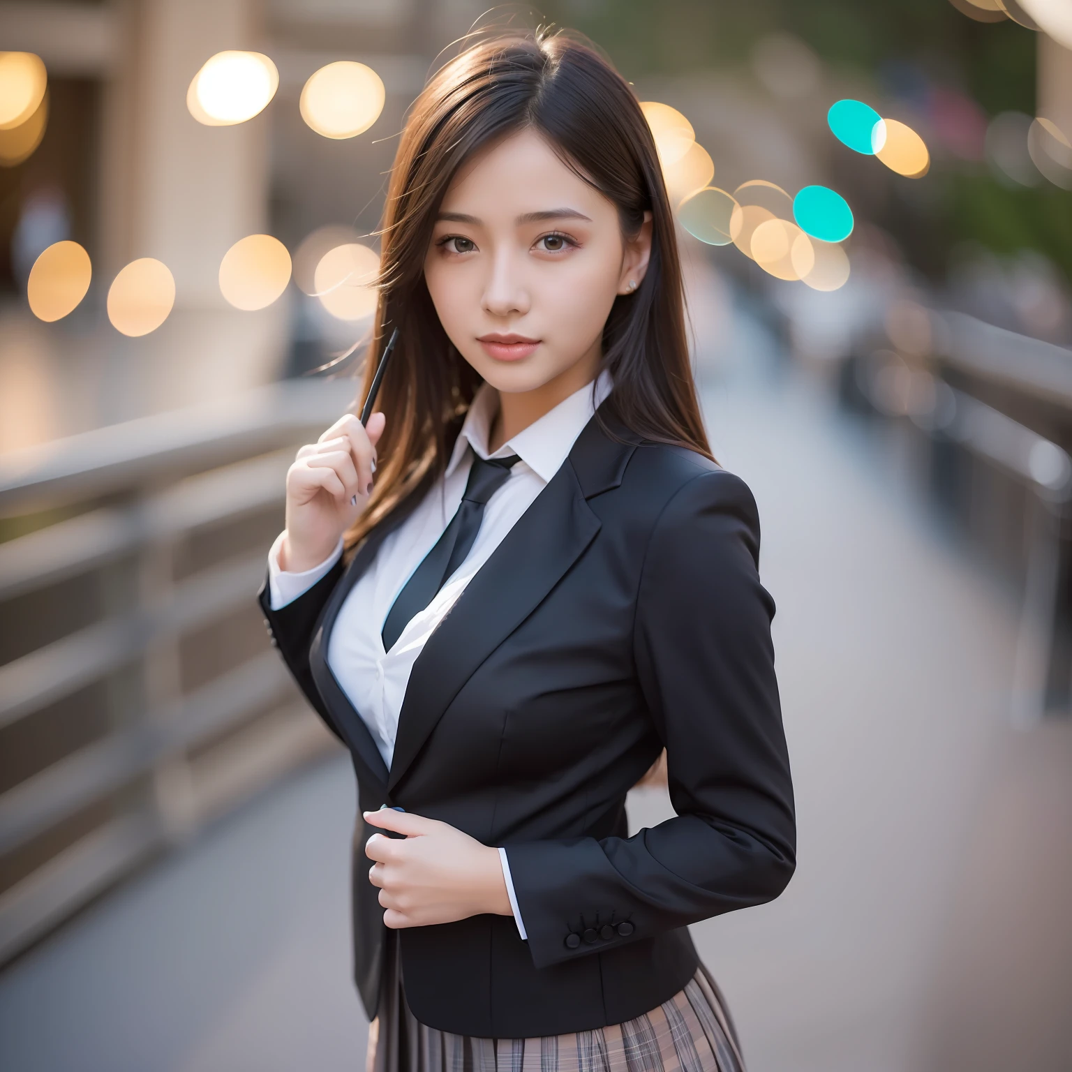 best quality, masterpiece, 1girl, Beautiful face, (photo realistic:1.3), rim lighting, (high detailed skin:1.2), 8k uhd, dslr, high quality, high resolution, 4k, 8k, Bokeh, absurdres, best ratio four finger and one thumb, (realistic:1.3), cute 1girl, wearing black formal blazer, medium breasts, short skirt,