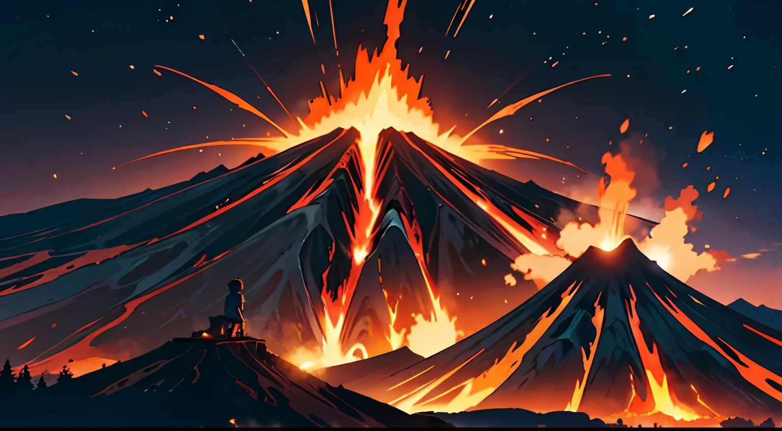 (best-quality:0.8), perfect anime illustration, volcanic landscape, figure looking down upon magma-covered town in valley, steamy breath, extremely detailed