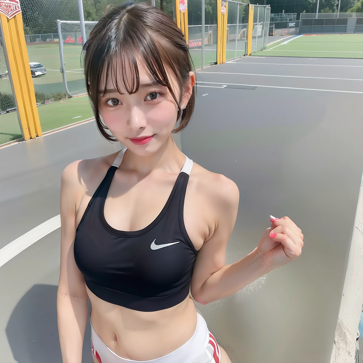 Realistic Sports Girl Stadium small tits short-hair Small sheer sports bra ssmile Sneakers and short socks Wet panties emphasis on the protrusion of the chest,