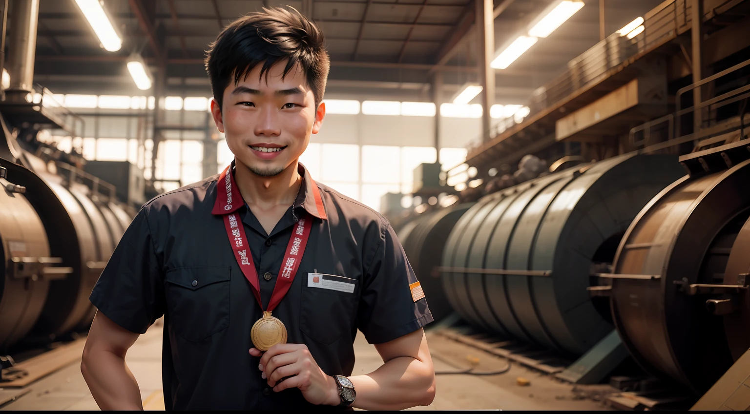 An Asian worker with a smile on his face,wearing work clothes,In a smelting steel plant,Award,Receive the Medal of Honor,full bodyesbian