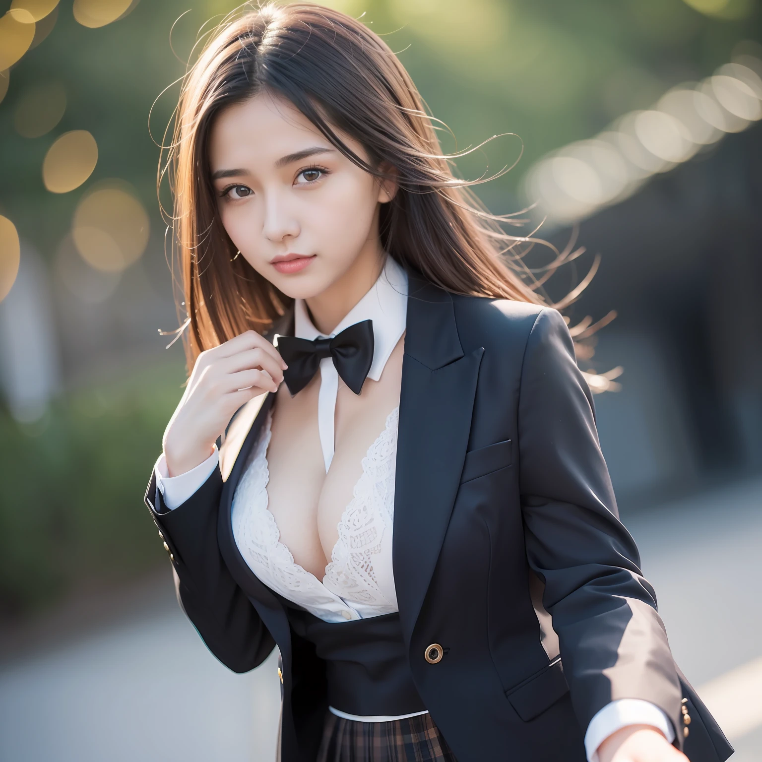 best quality, masterpiece, 1girl, Beautiful face, (photo realistic:1.3), rim lighting, (high detailed skin:1.2), 8k uhd, dslr, high quality, high resolution, 4k, 8k, Bokeh,  absurdres, best ratio four finger and one thumb, (realistic:1.3), cute 1girl, wearing black formal blazer, medium breasts, short skirt,