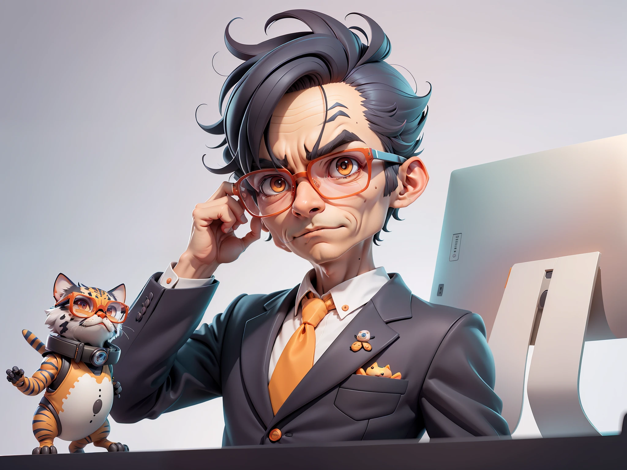 A young man in a suit, Short hair and glasses sat at his desk,holding laptop,digitial painting,tigre,3D character design by Mark Clairen and Pixar and Hayao Miyazaki and Akira Toriyama,4K HD illustration,Very detailed facial features and cartoon-style visuals。