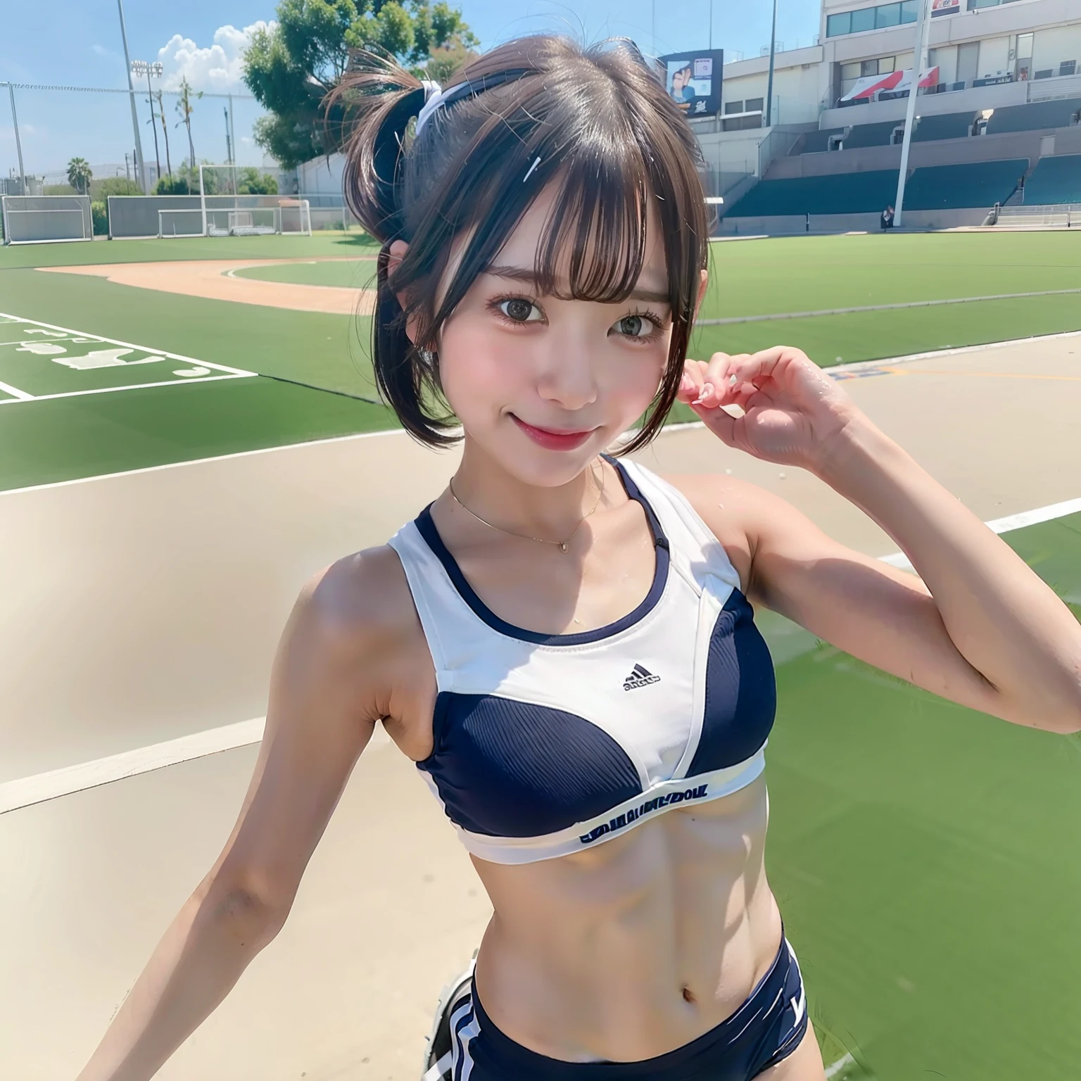 Realistic Sports Girl Stadium small tits short-hair Small sheer sports bra ssmile Sneakers and short socks Wet panties emphasis on the protrusion of the chest,