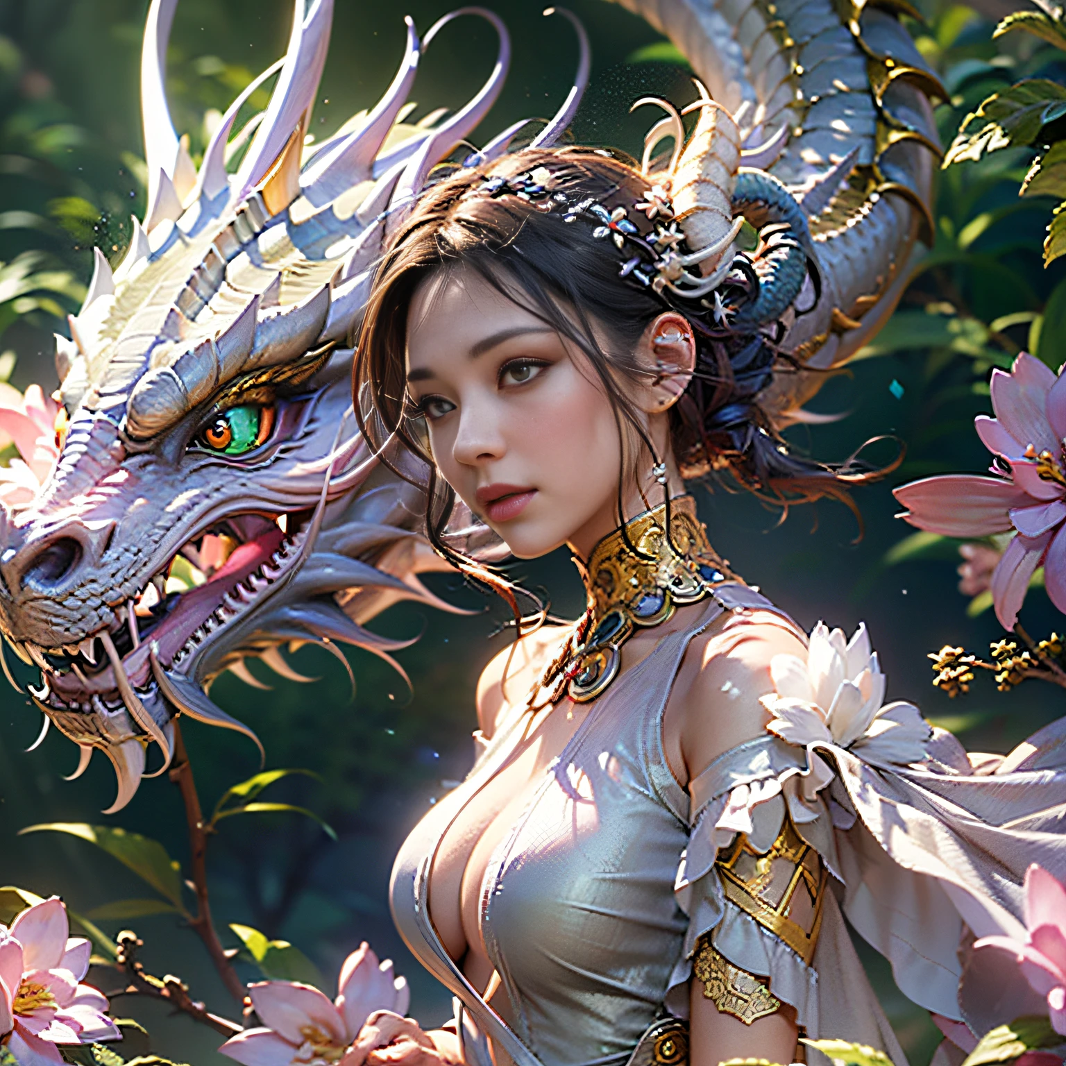 dragon_real,(extremely detailed CG unity 8k wallpaper,masterpiece, best quality, ultra-detailed, beautiful detailed eyes:1.2),best illumination, (best shadow, an extremely delicate and beautiful, bloom),the girl was surrounded by dragons, (1girl:1.4),breasts, solo,full body,Back tattoo,white dress,(color dragon:1.4),Bare leg,long dress,