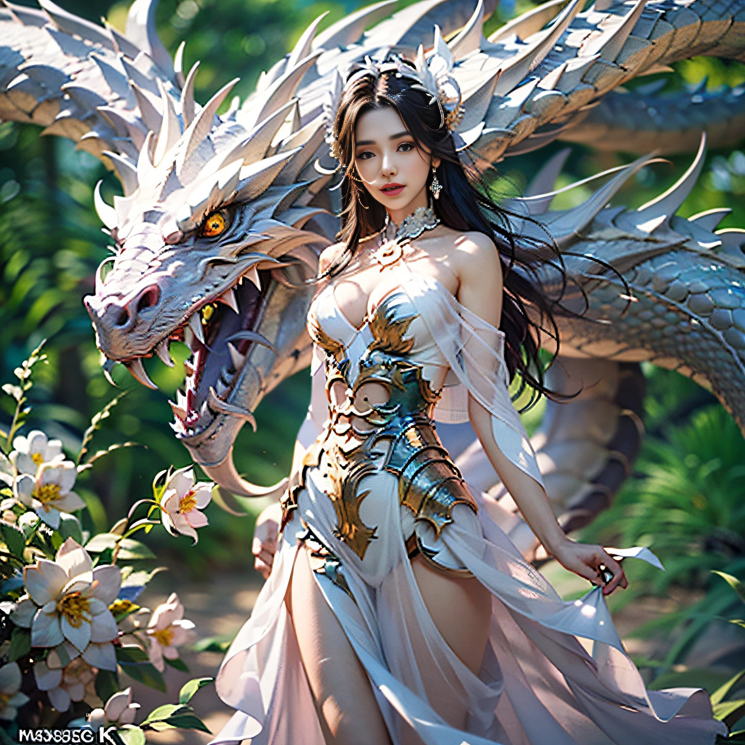 dragon_real,(extremely detailed CG unity 8k wallpaper,masterpiece, best quality, ultra-detailed, beautiful detailed eyes:1.2),best illumination, (best shadow, an extremely delicate and beautiful, bloom),the girl was surrounded by dragons, (1girl:1.4),breasts, solo,full body,Back tattoo,white dress,(color dragon:1.4),Bare leg,long dress,