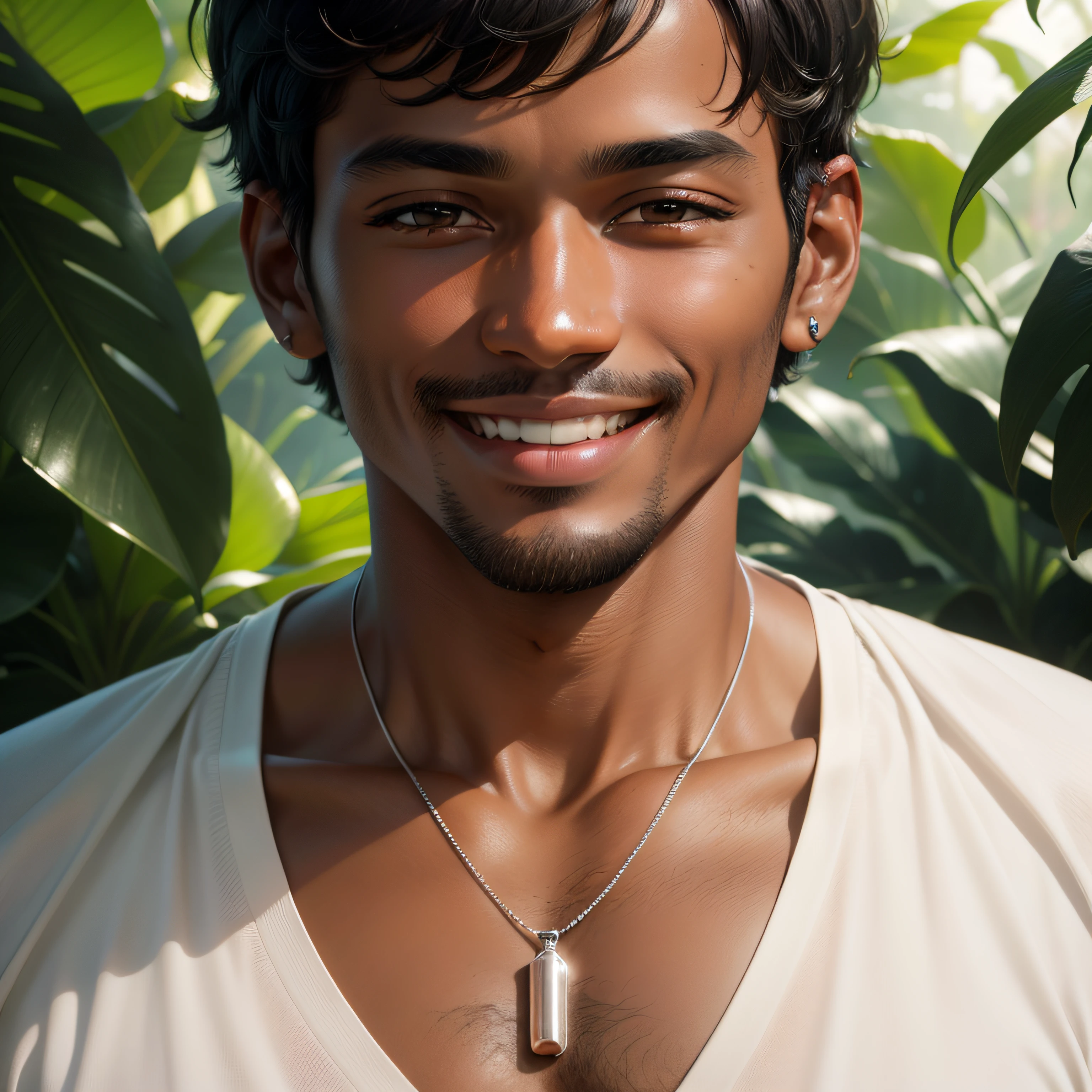 a man in a white shirts, short length hair, black hair, dark skin, smiling, silver necklace, in a jungle paradise, clean shaven, ((close up, face)), raw, 8k uhd,