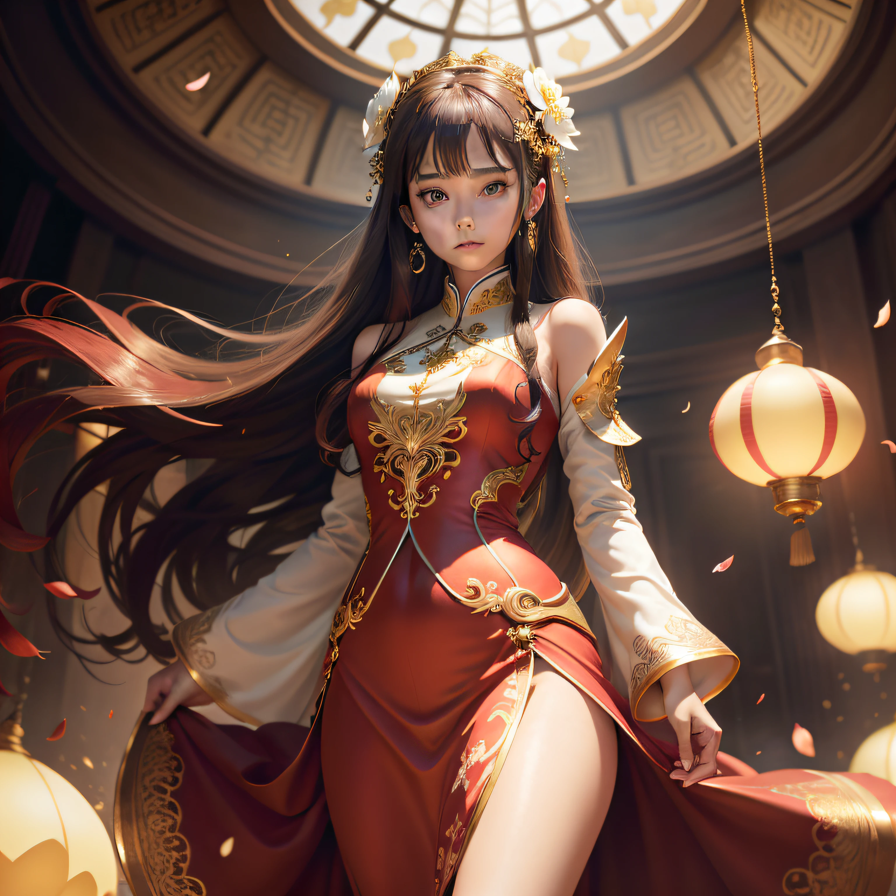best quality, masterpiece, highres, (exquisite body:1.5),gorgeous face,(milky skin:1.3),intricate details,high resolution,wallpaper,
1girl, solo, dress, hair ornament, (((gold and red dress))), flowers, long hair, brown hair, closed mouth, jewelry, long sleeves, hand up, wide sleeves, big eyes,floating hair, chinese clothes, hanfu, embroidery, long skirt, natural pose, falling petals, indoor,fanning, lantern,
16K,HDR,highres,depth field,(film grain:1.1),boken,golden hour,(lens flare),vignette,rainbowing,(color grading:1.5)