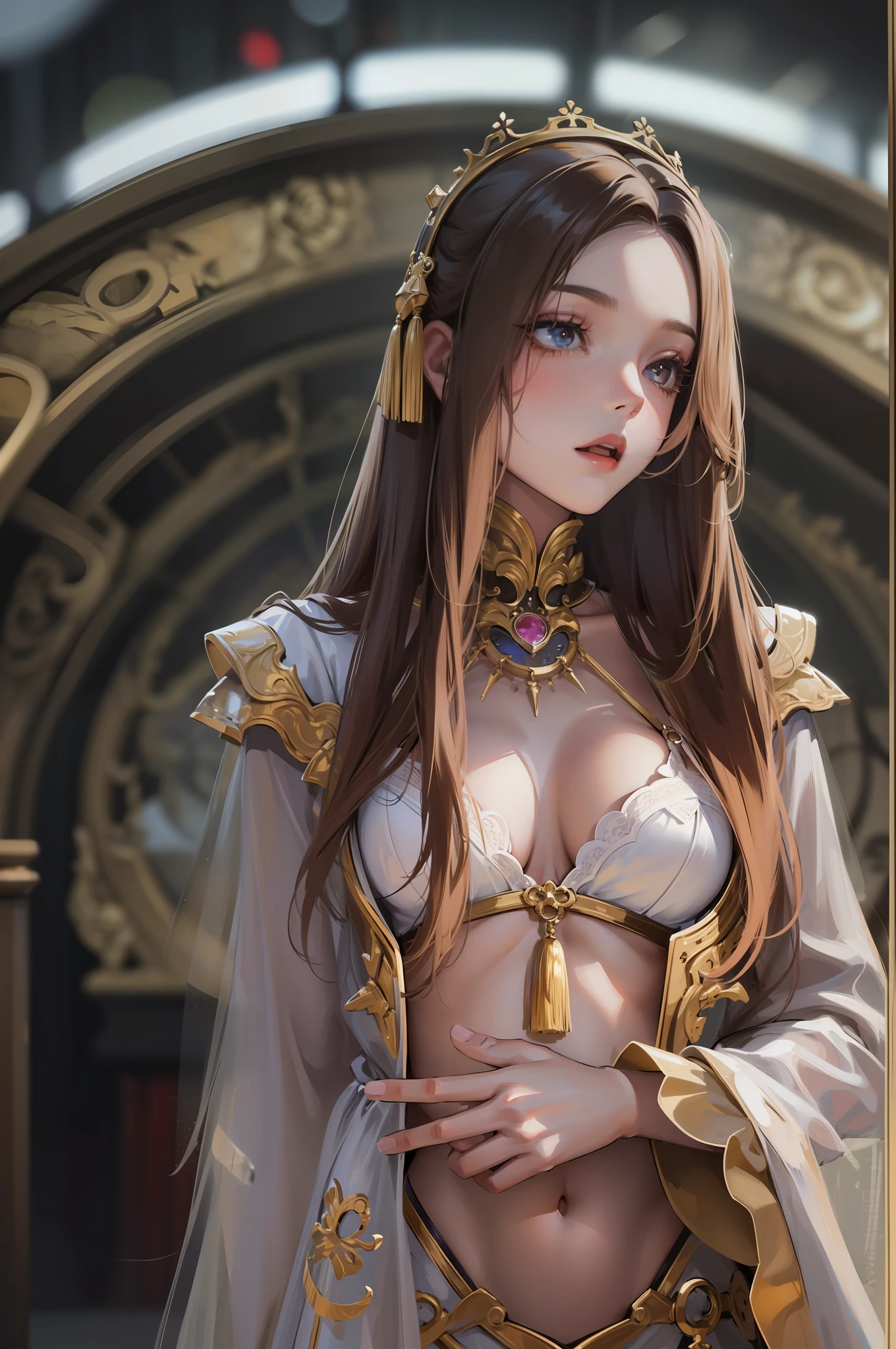 Model woman posing, The cutest 20-year-old beauty, The background is a room in the museum, Very long hair, Open chest costume, Revealing costumes, Gradient Eyes, Seductive makeup, Show Lighting, , One-person viewpoint, canon, nffsw, retinas, masutepiece, ccurate, Anatomically correct, Textured skin, Super Detail, high details, High quality, awardwinning, Best Quality, hight resolution, 1080p, hard disk, 4K, 8K, 16 K