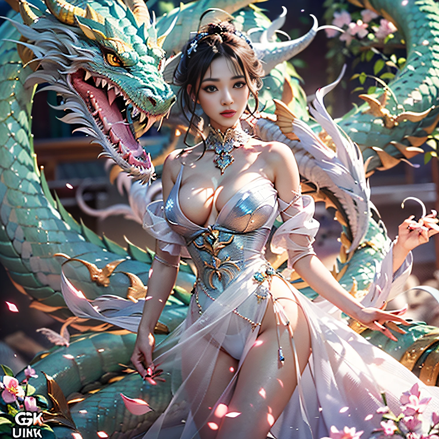 dragon_real,(extremely detailed CG unity 8k wallpaper,masterpiece, best quality, ultra-detailed, beautiful detailed eyes:1.2),best illumination, (best shadow, an extremely delicate and beautiful, bloom),the girl was surrounded by dragons, (1girl:1.4),breasts, solo,full body,Back tattoo,white dress,(color dragon:1.4),Bare leg,long dress,