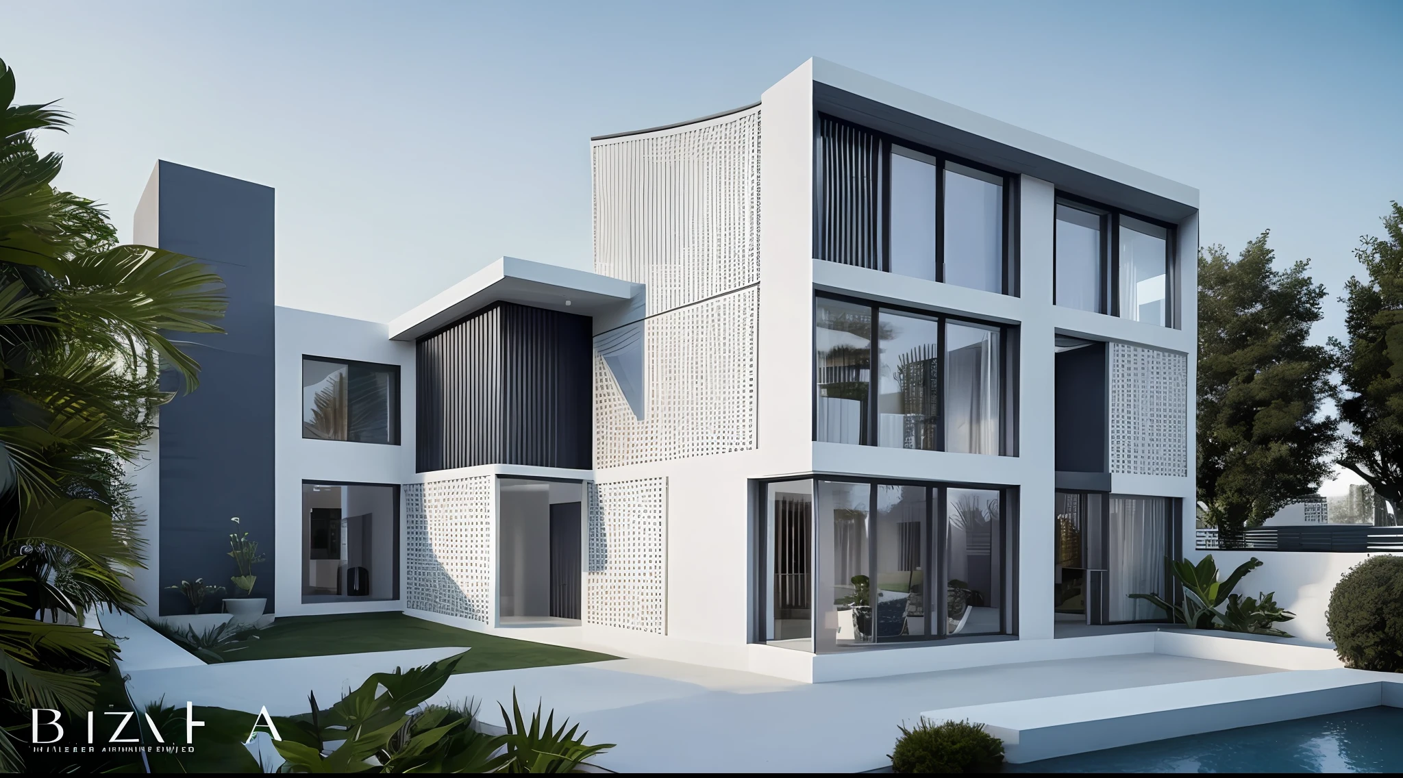 Minimalist architectural exterior，a plant（1:0.5），suns rays，big glass window，Realiy，an award winning masterpiece，The details are incredible，highly  detailed，Harper's Bazaar art，fashion magazine，fluency，Clear focus，8K，rendering by octane