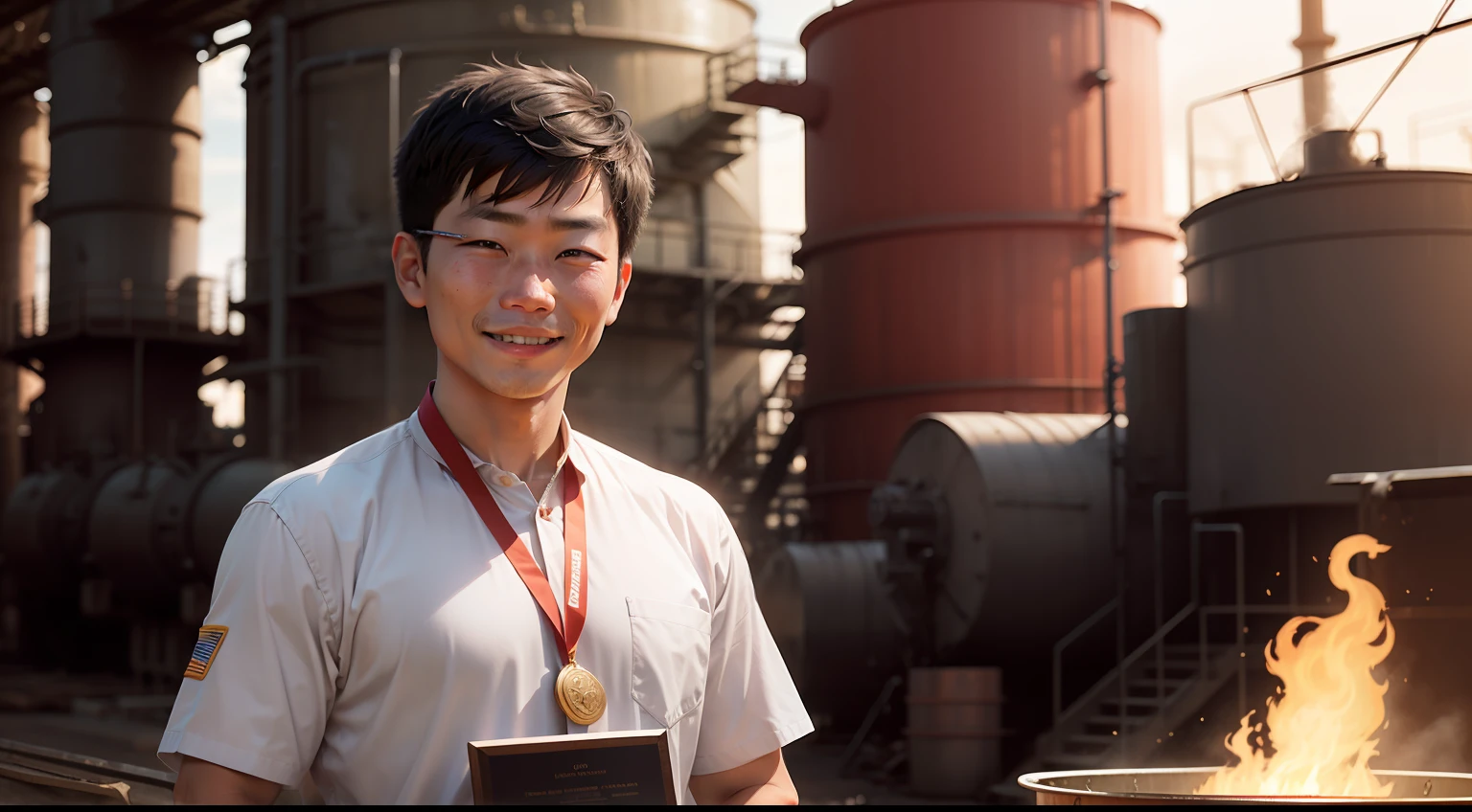 An Asian worker with a smile on his face,wearing work clothes,In a smelting steel plant,Award,Receive the Medal of Honor,full bodyesbian
