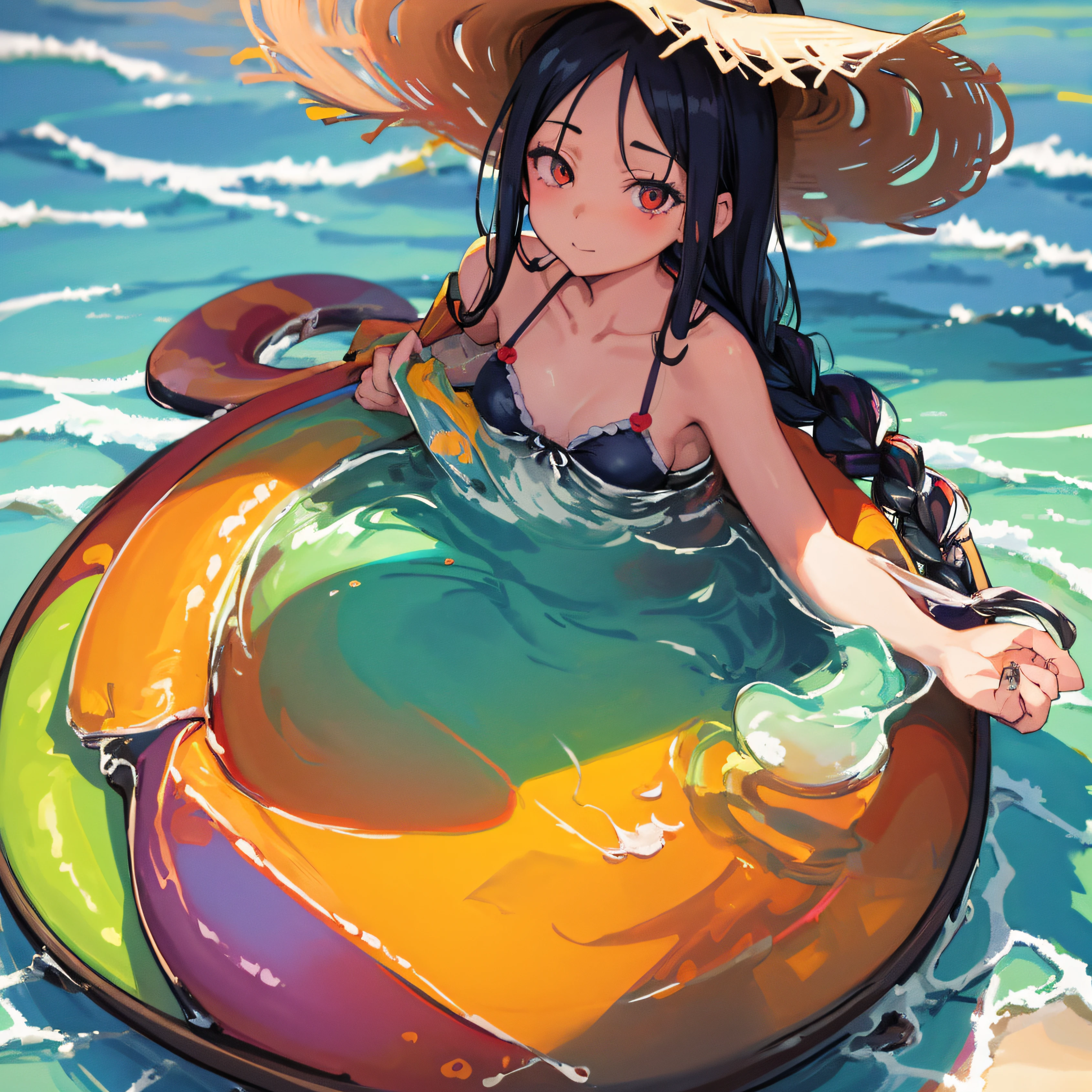 Original character, Shallow Depth of Field, Best Shadows, Brilliant Colorful Paintings, (Solo:1.3), Highest Quality, Amazing Details:1.25), Swimsuit, Summer, Strawhat, 1:1 Image Size, Braided Hair