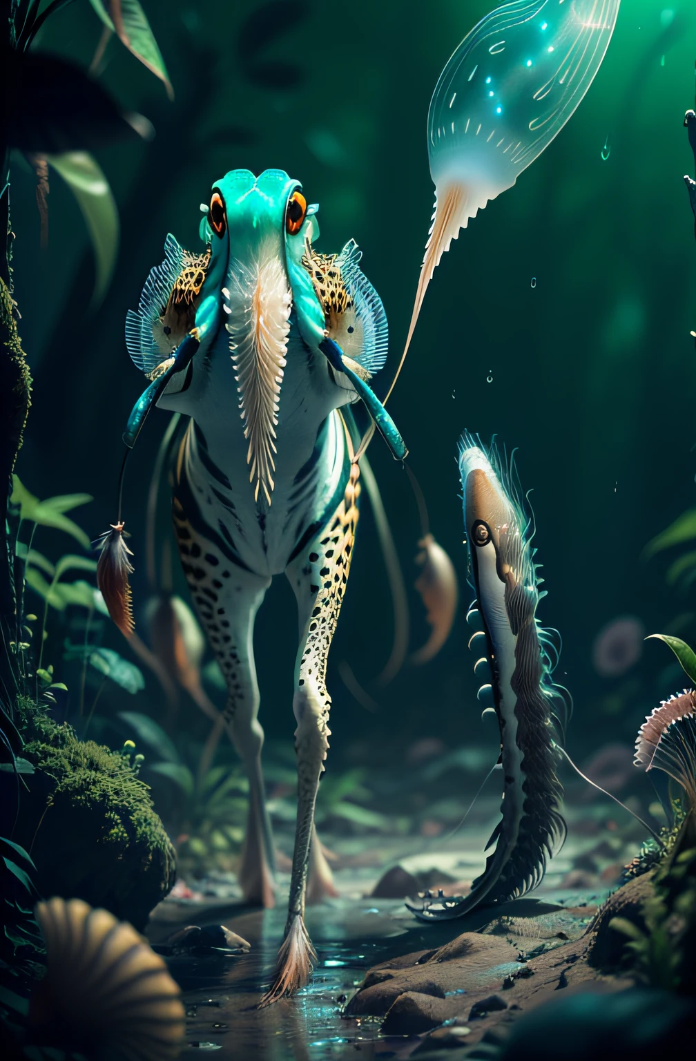 four-legged creature, predator creature with long tail, slim like Cheetah with green feathers and beak. predator creature like gepard with feathers ((four legs)) slender, long body with feathers, green gepard body with feathers, long legs creature with transparent and lighting body, walking on all six legs, (((cuttlefish head))), ((four eyes)),jellyfish transparent body, 4 leghs, in the jungle, jungle, rain forest, high image quality, realistic look, high-resolution photography, 8K, full-frame matrix, deep shadows, ((one character)), (intricate details, subsurface scattering, hyperdetailed:1.15), (hyperrealism, volumetric lighting, sharp:1.5) Fujifilm XT3