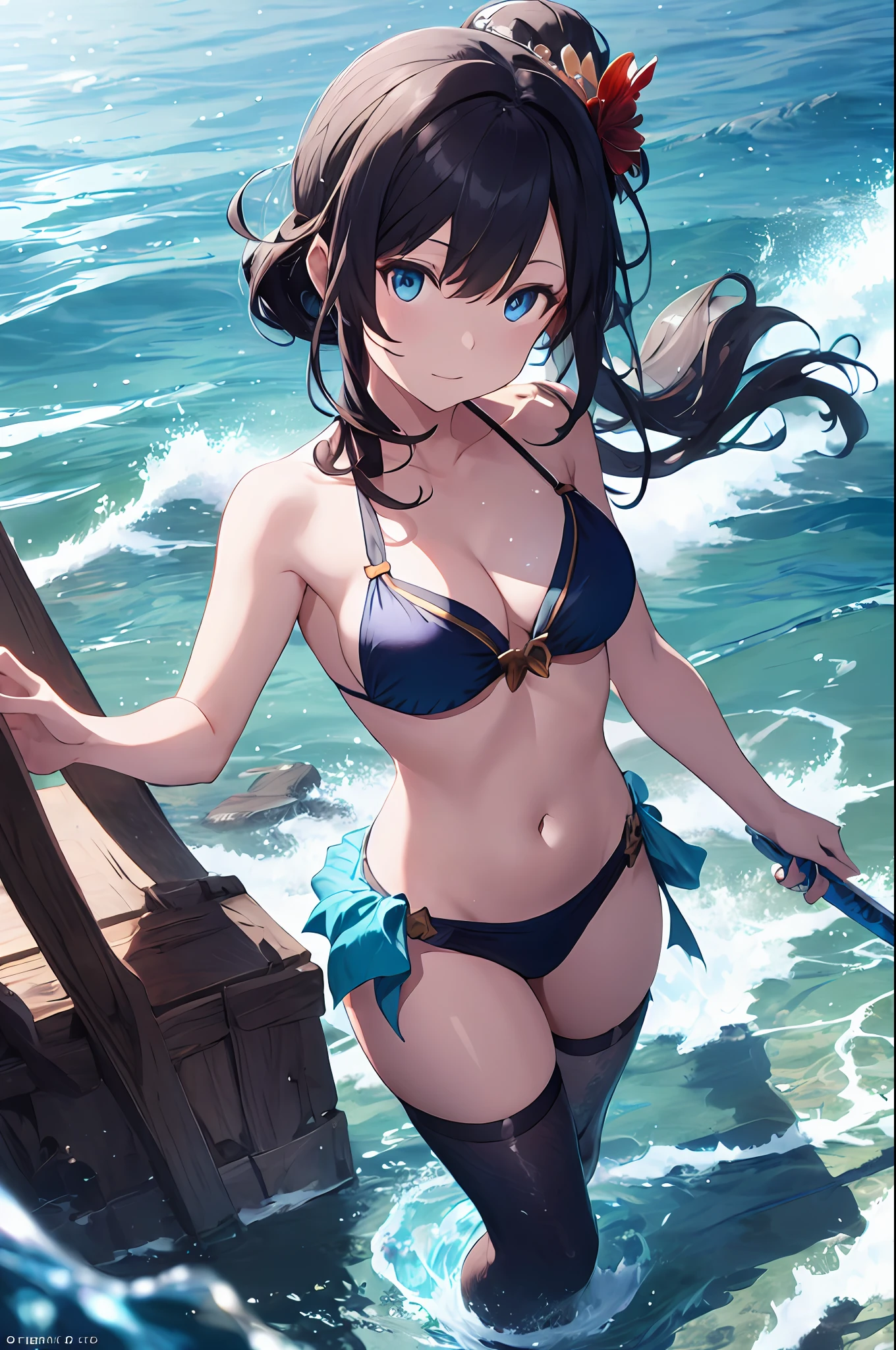 a woman in a bikini top is holding a sword and a fish, high detailed official artwork, goddess of the ocean, granblue fantasy, goddess of the sea, official artwork, water fairy, nautical siren, from bravely default ii, official art, goddess of summer, beautiful mermaid, mystical atlantean valkyrie, splash art anime loli , blue sky hair color , blue eyes