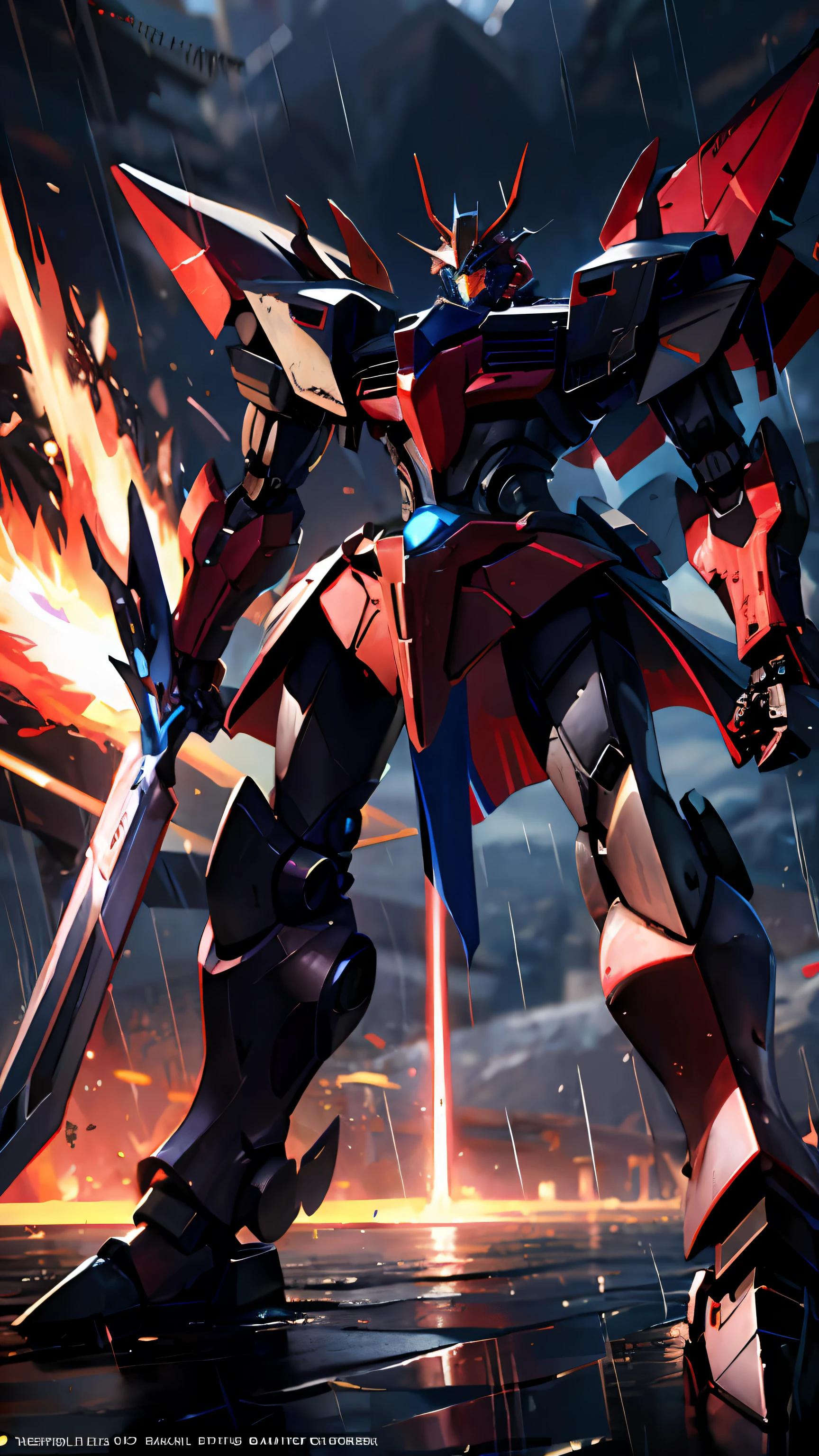 Sword in the rain robot close-up，Cool mech style，mecha art，anime mecha aesthetic，mecha asthetic，Armored core style mech，Armored Mecha Dragon，Detailed anime artwork，barbatos mobile suit，detailed anime art，advanced digital anime art，mecha anime，Mecha Inspiration，Barbatos Gundam。red color mecha，Red livery