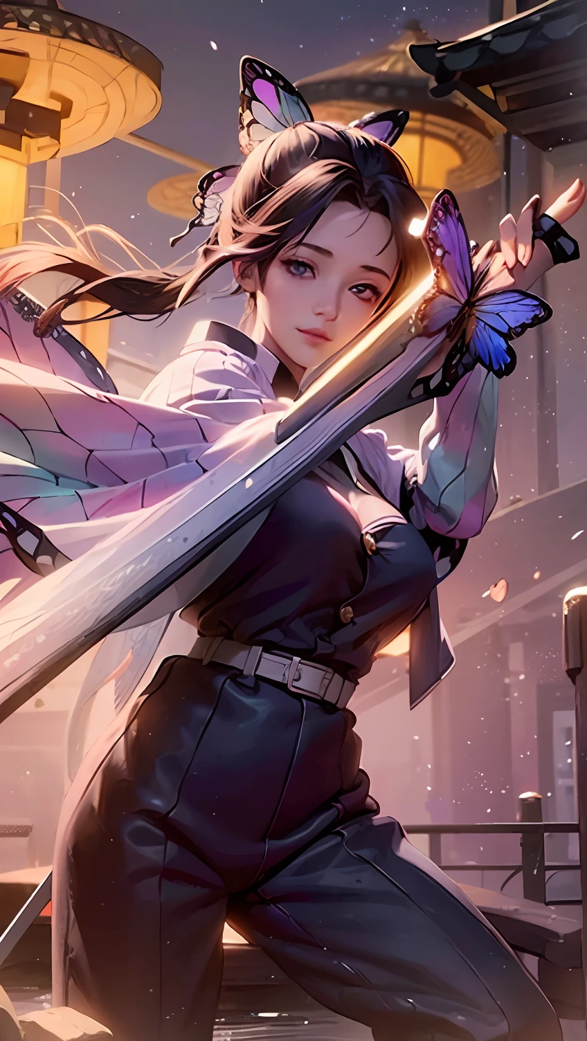 Ultra-realistic 8k CG,masterpiece,((ultra-detailed background, delicate pattern, intricate details)),best quality,very detailed face,extremely detailed eyes and face,extremely detailed eyes,kochou shinobu,multicolored hair,no bangs,hair intakes,purple eyes,forehead,black shirt,black pants,haori,butterfly,buttons,belt,(Garden:1.2),purple flower,chibi,cloudy sky,sunlight,Tindal effect,gradient_sky,face,Gorgeous sky,Waist Sabre,Charming posture,Long hair,