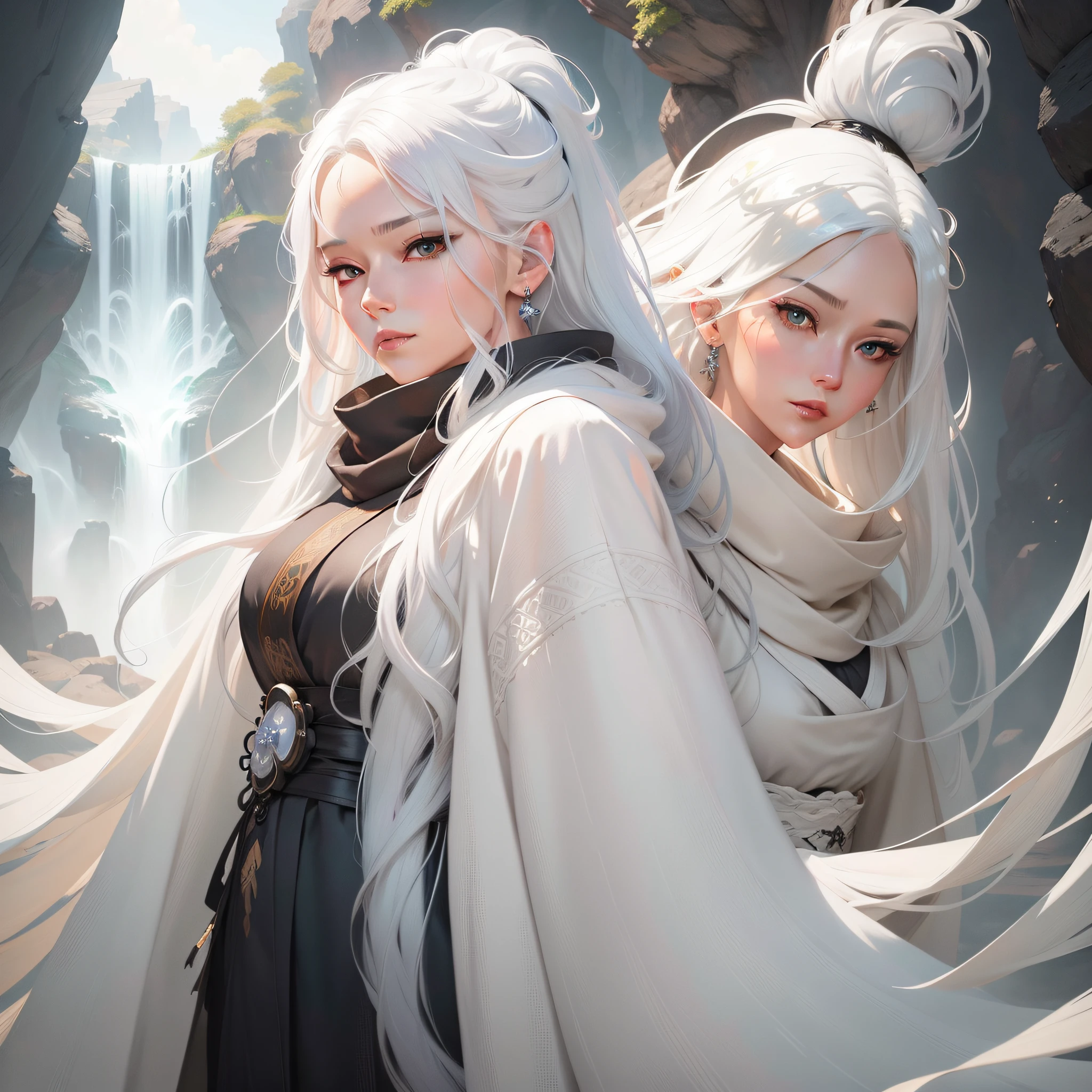 a close up of a woman with a white hair and a black scarf, a character portrait by Yang J, pixiv contest winner, fantasy art, white haired deity, beautiful character painting, artwork in the style of guweiz, the piercing stare of yuki onna, guweiz, with white long hair, with long white hair, flowing hair and long robes